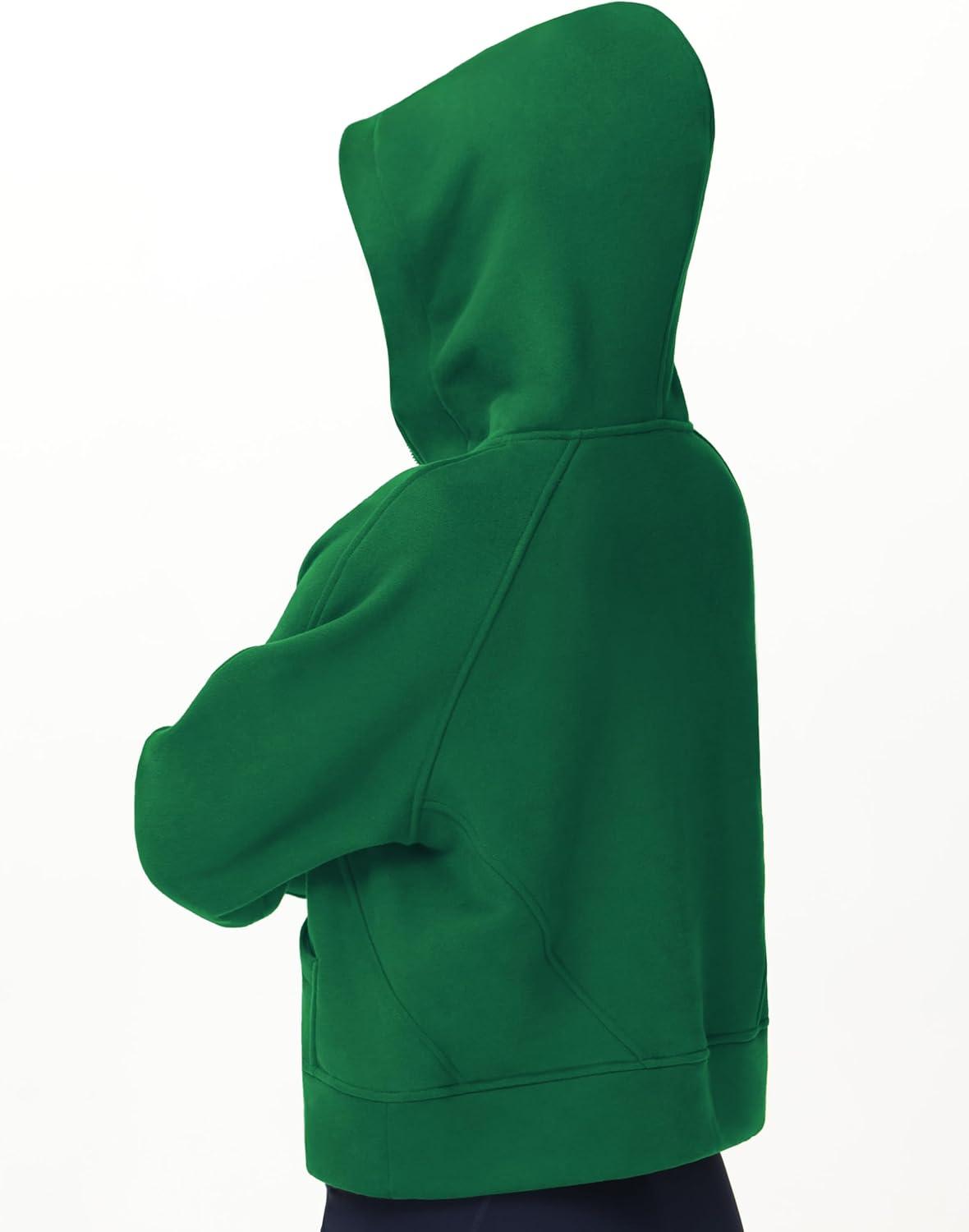 imageTHE GYM PEOPLE Womens Hoodies Half Zip Long Sleeve Fleece Crop Pullover Sweatshirts with Pockets Thumb HoleGreen