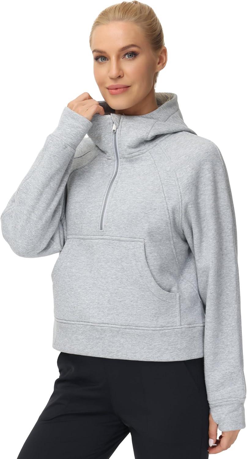 imageTHE GYM PEOPLE Womens Hoodies Half Zip Long Sleeve Fleece Crop Pullover Sweatshirts with Pockets Thumb HoleGrey