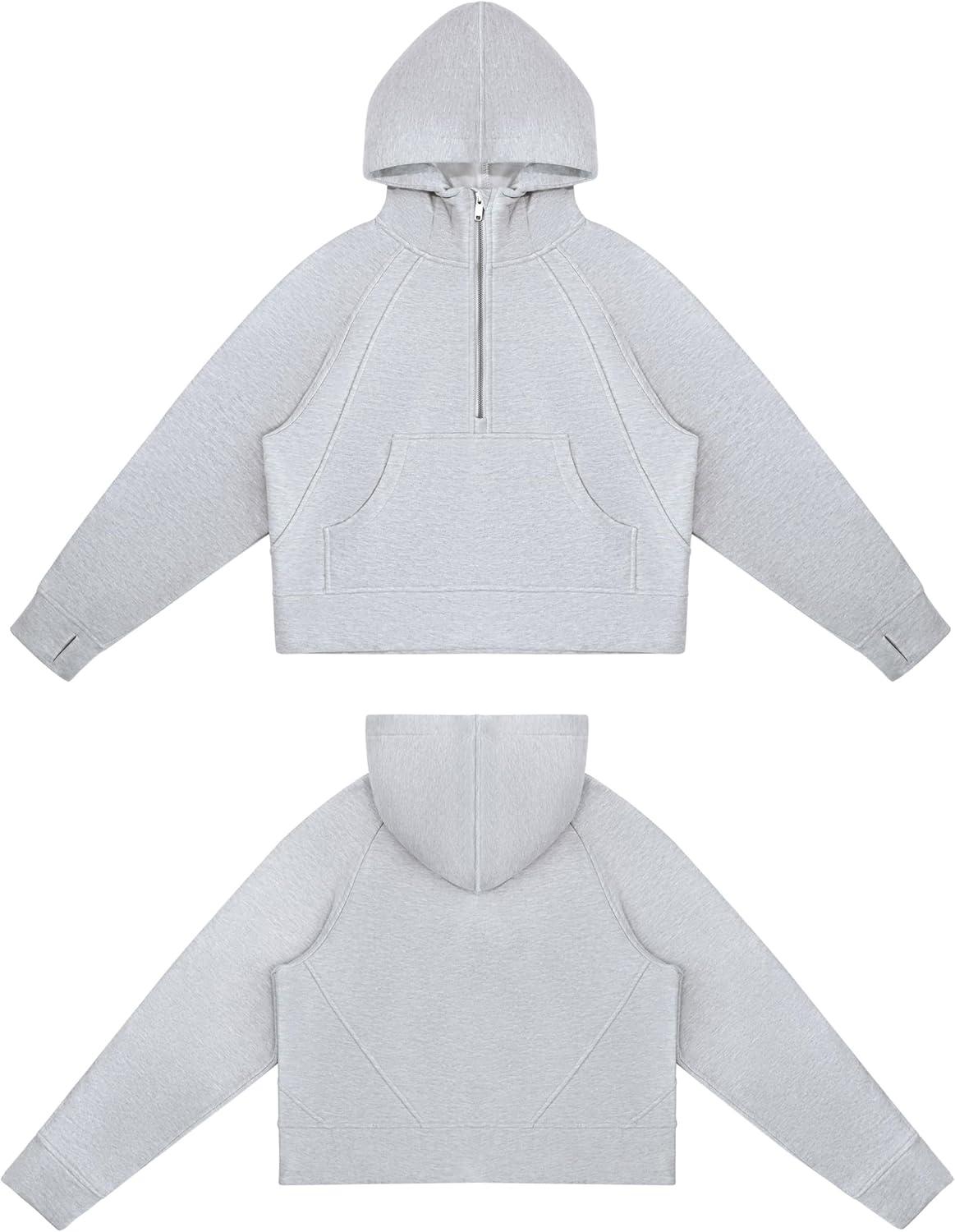 imageTHE GYM PEOPLE Womens Hoodies Half Zip Long Sleeve Fleece Crop Pullover Sweatshirts with Pockets Thumb HoleGrey