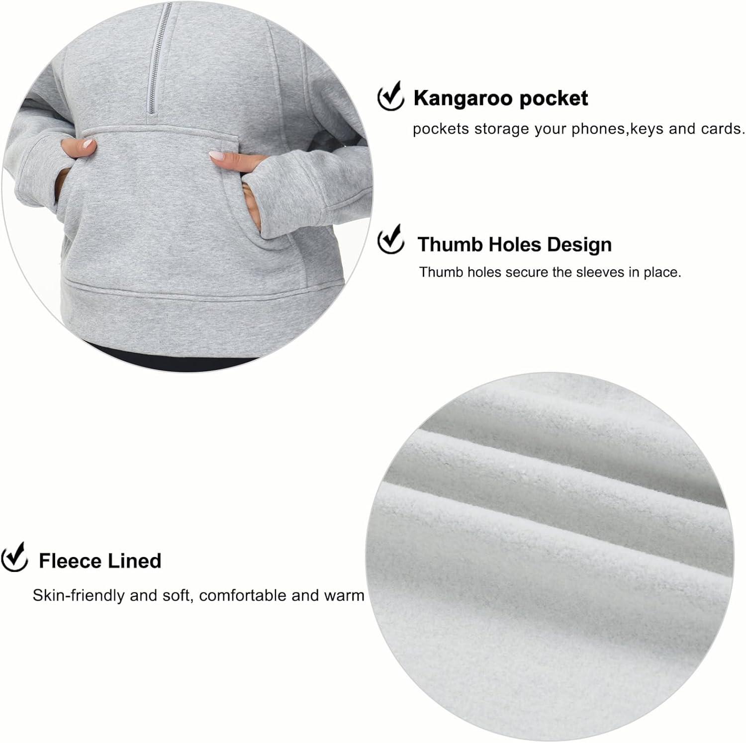 imageTHE GYM PEOPLE Womens Hoodies Half Zip Long Sleeve Fleece Crop Pullover Sweatshirts with Pockets Thumb HoleGrey