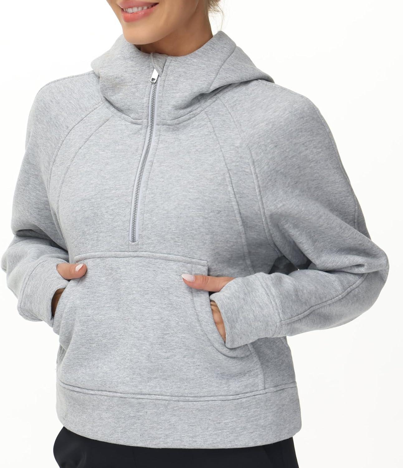 imageTHE GYM PEOPLE Womens Hoodies Half Zip Long Sleeve Fleece Crop Pullover Sweatshirts with Pockets Thumb HoleGrey