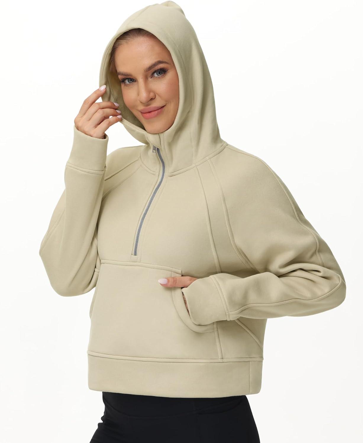 imageTHE GYM PEOPLE Womens Hoodies Half Zip Long Sleeve Fleece Crop Pullover Sweatshirts with Pockets Thumb HoleKhaki