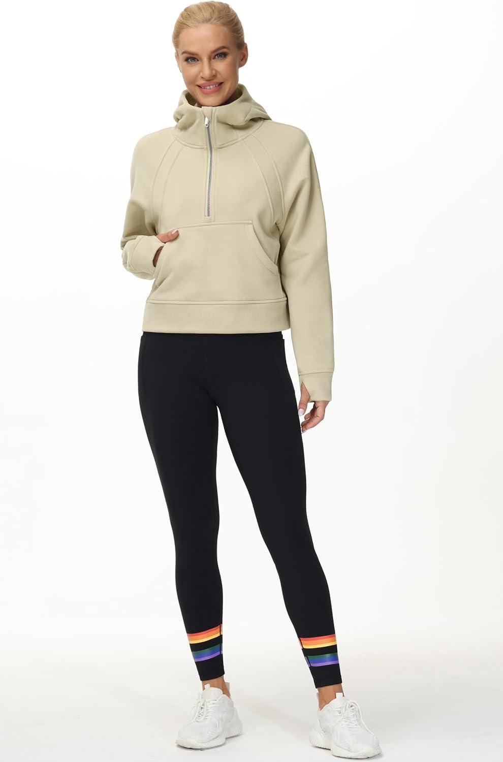 imageTHE GYM PEOPLE Womens Hoodies Half Zip Long Sleeve Fleece Crop Pullover Sweatshirts with Pockets Thumb HoleKhaki