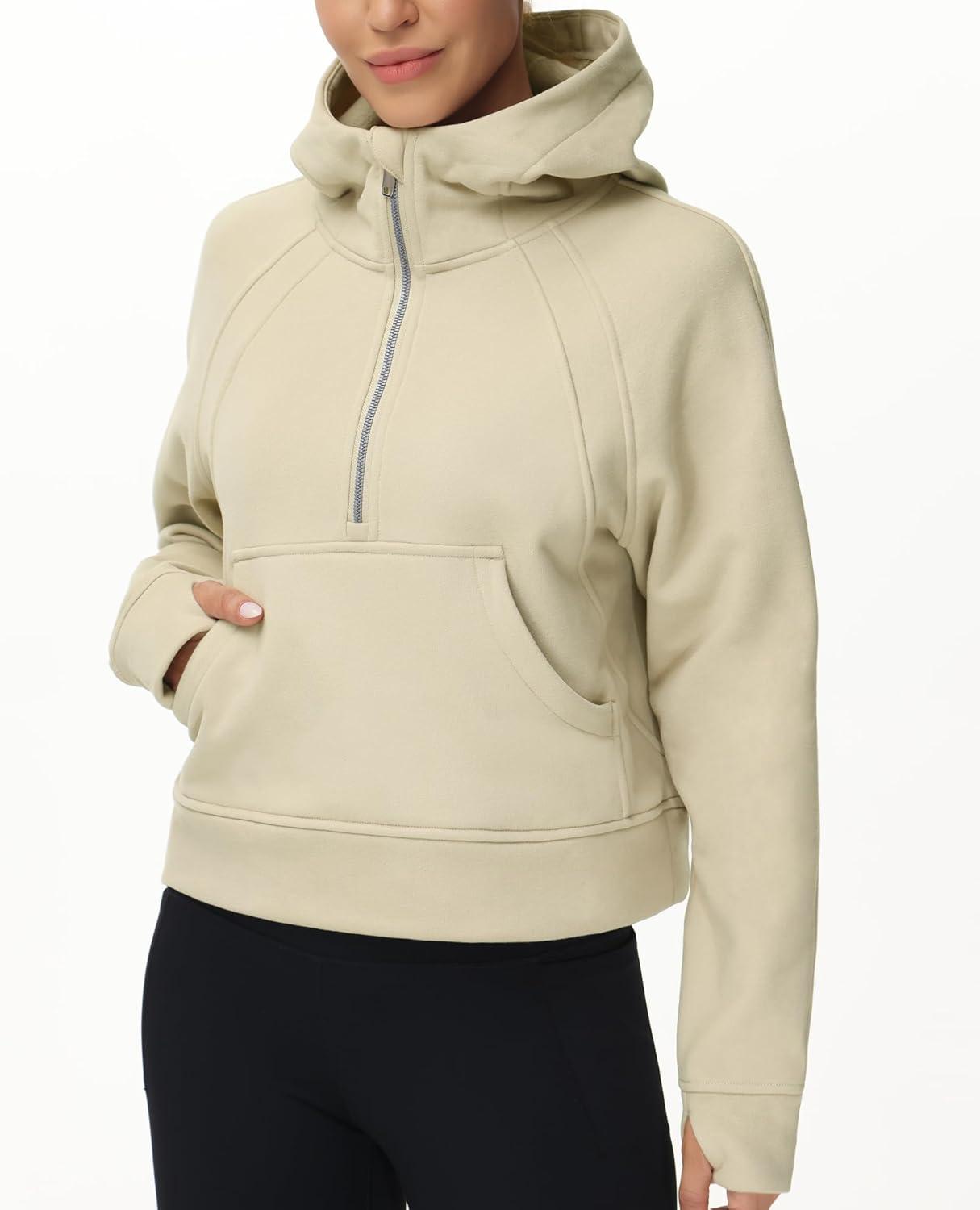 imageTHE GYM PEOPLE Womens Hoodies Half Zip Long Sleeve Fleece Crop Pullover Sweatshirts with Pockets Thumb HoleKhaki