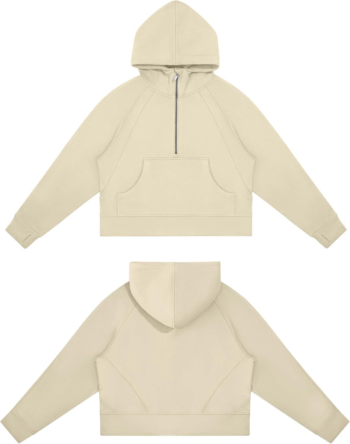imageTHE GYM PEOPLE Womens Hoodies Half Zip Long Sleeve Fleece Crop Pullover Sweatshirts with Pockets Thumb HoleKhaki