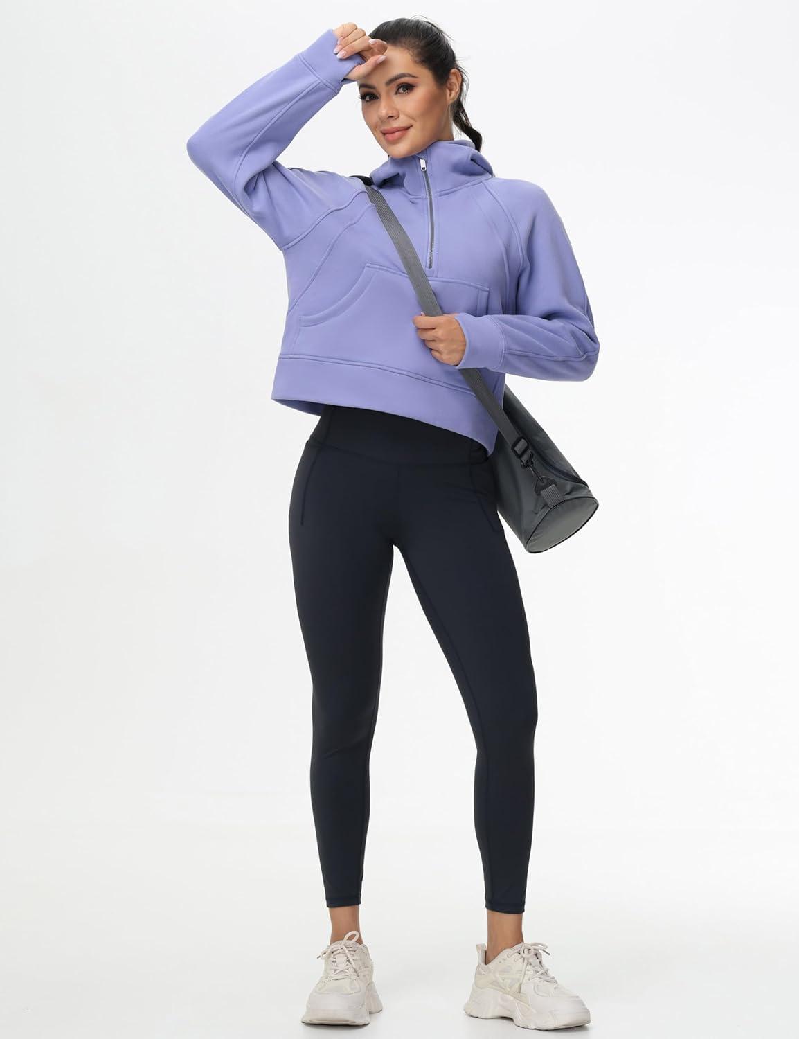 imageTHE GYM PEOPLE Womens Hoodies Half Zip Long Sleeve Fleece Crop Pullover Sweatshirts with Pockets Thumb HoleLavender Purple