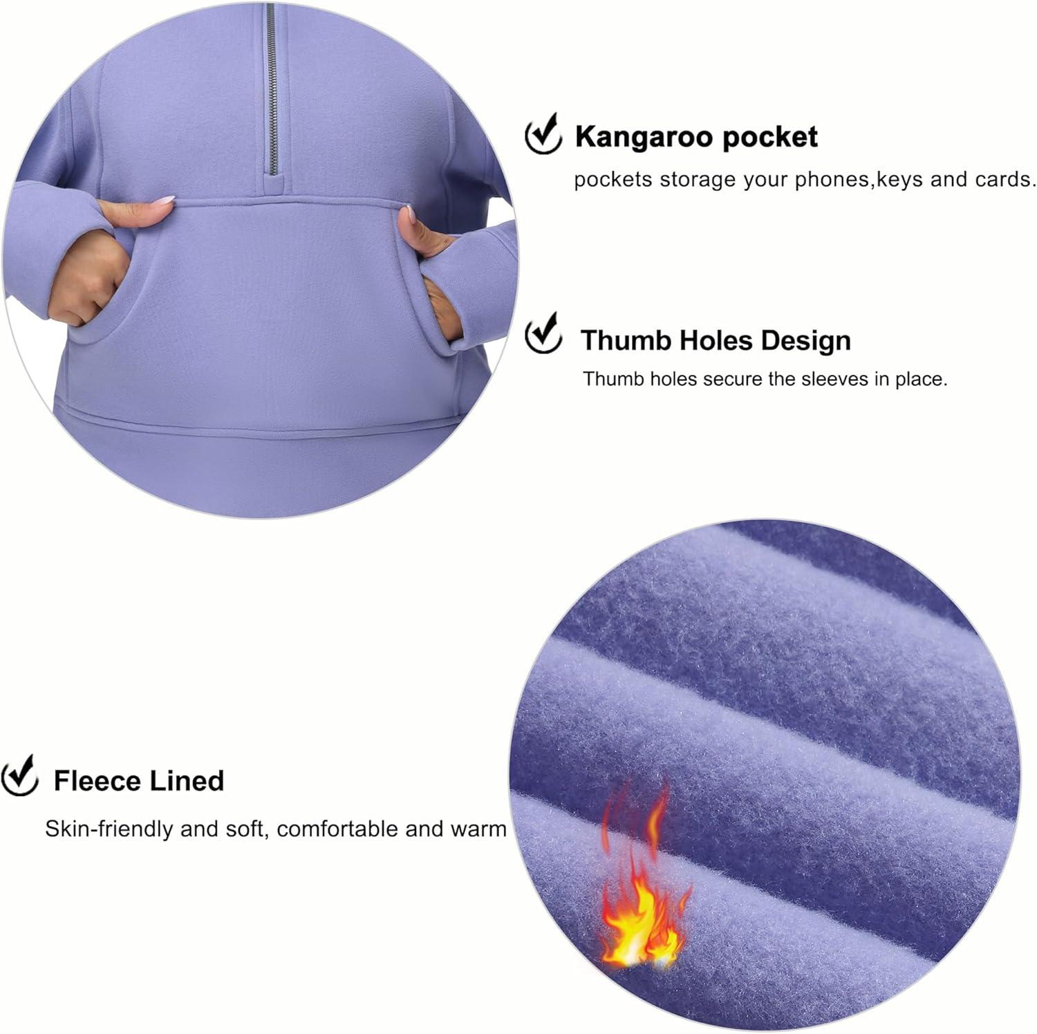 imageTHE GYM PEOPLE Womens Hoodies Half Zip Long Sleeve Fleece Crop Pullover Sweatshirts with Pockets Thumb HoleLavender Purple