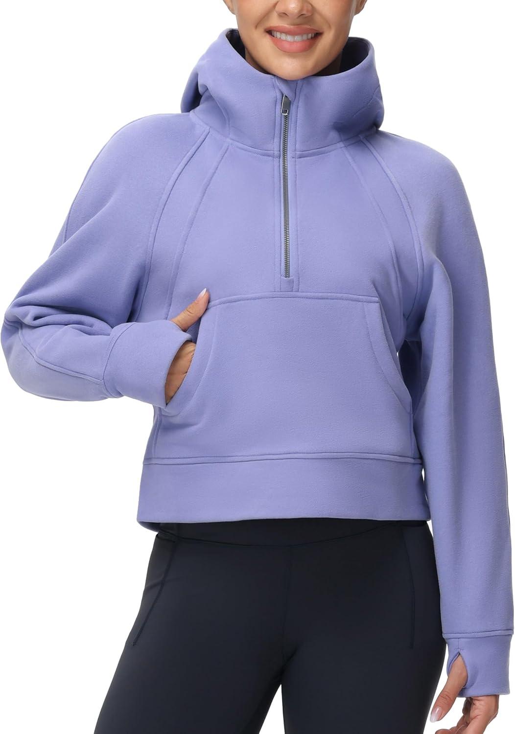 imageTHE GYM PEOPLE Womens Hoodies Half Zip Long Sleeve Fleece Crop Pullover Sweatshirts with Pockets Thumb HoleLavender Purple