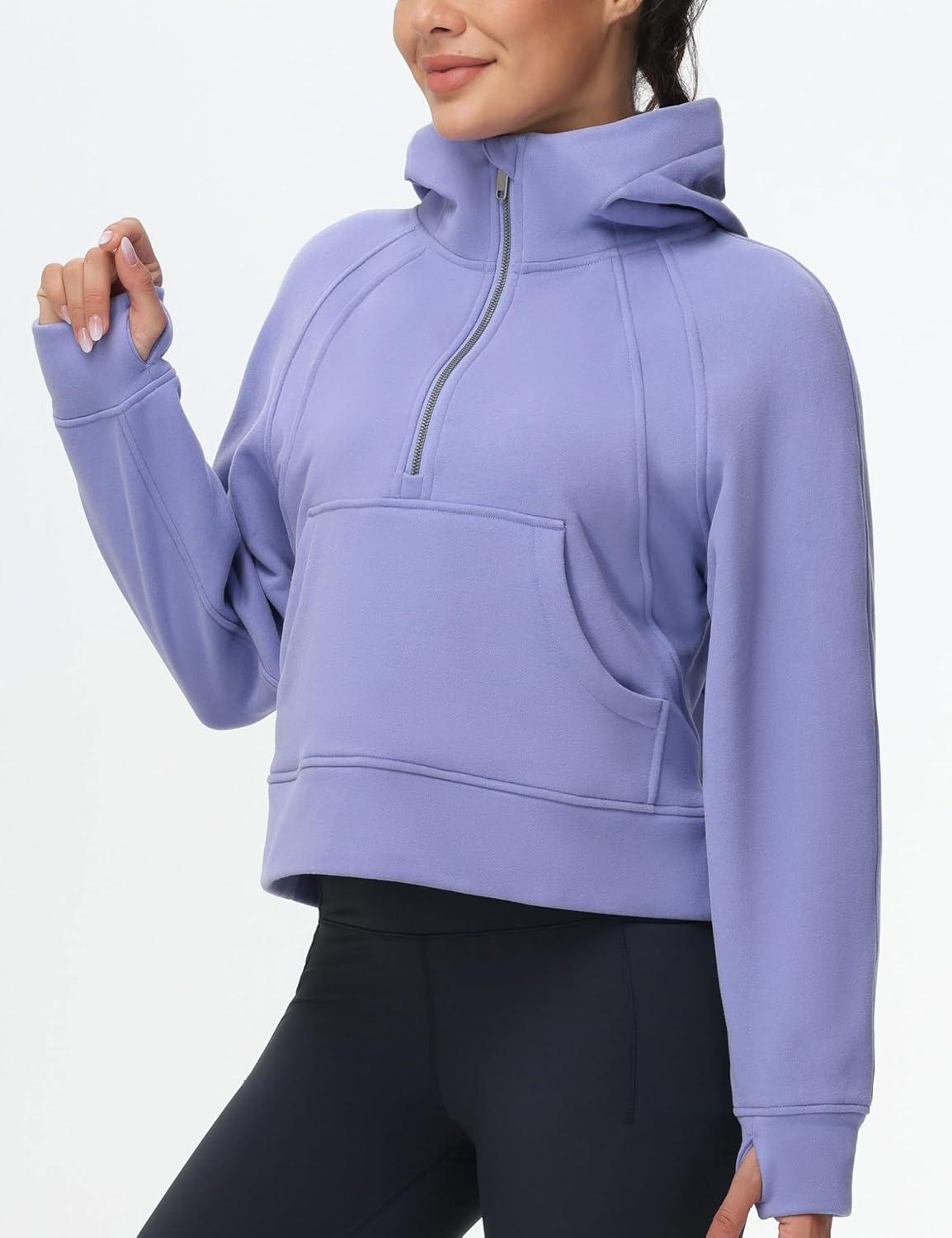 imageTHE GYM PEOPLE Womens Hoodies Half Zip Long Sleeve Fleece Crop Pullover Sweatshirts with Pockets Thumb HoleLavender Purple