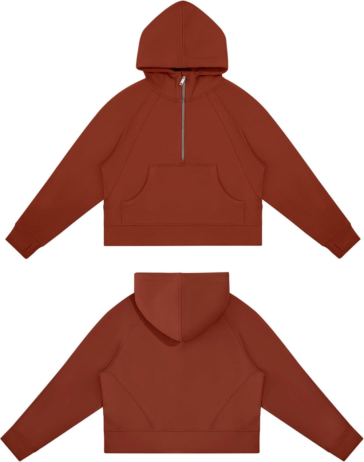 imageTHE GYM PEOPLE Womens Hoodies Half Zip Long Sleeve Fleece Crop Pullover Sweatshirts with Pockets Thumb HoleMaroon