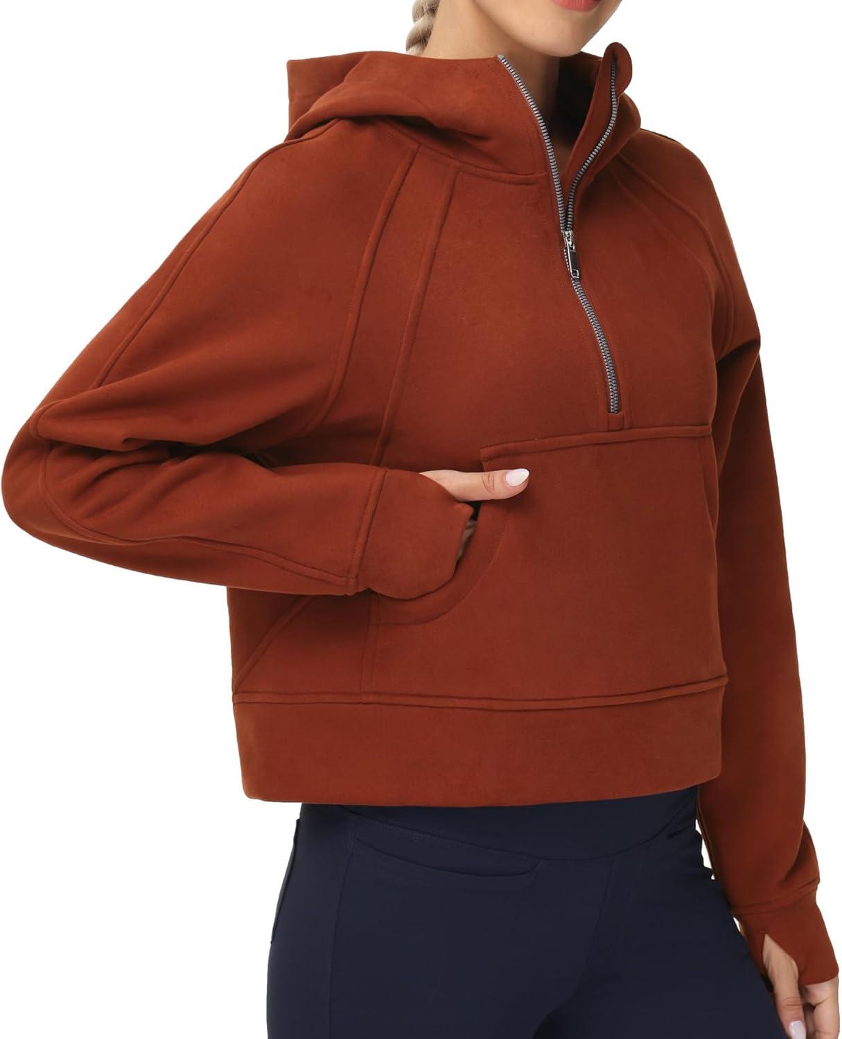 imageTHE GYM PEOPLE Womens Hoodies Half Zip Long Sleeve Fleece Crop Pullover Sweatshirts with Pockets Thumb HoleMaroon