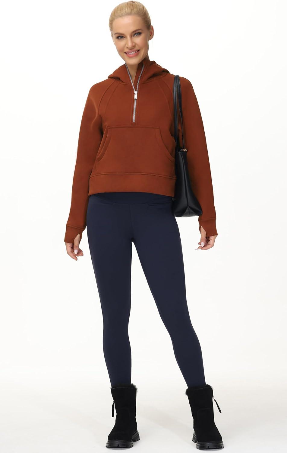 imageTHE GYM PEOPLE Womens Hoodies Half Zip Long Sleeve Fleece Crop Pullover Sweatshirts with Pockets Thumb HoleMaroon