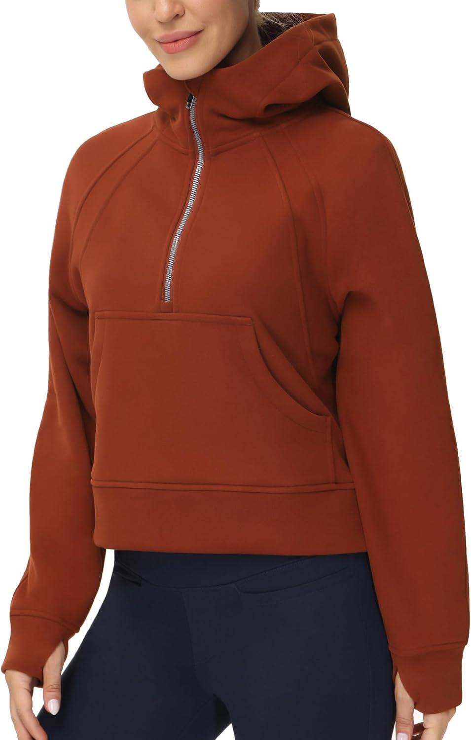 imageTHE GYM PEOPLE Womens Hoodies Half Zip Long Sleeve Fleece Crop Pullover Sweatshirts with Pockets Thumb HoleMaroon