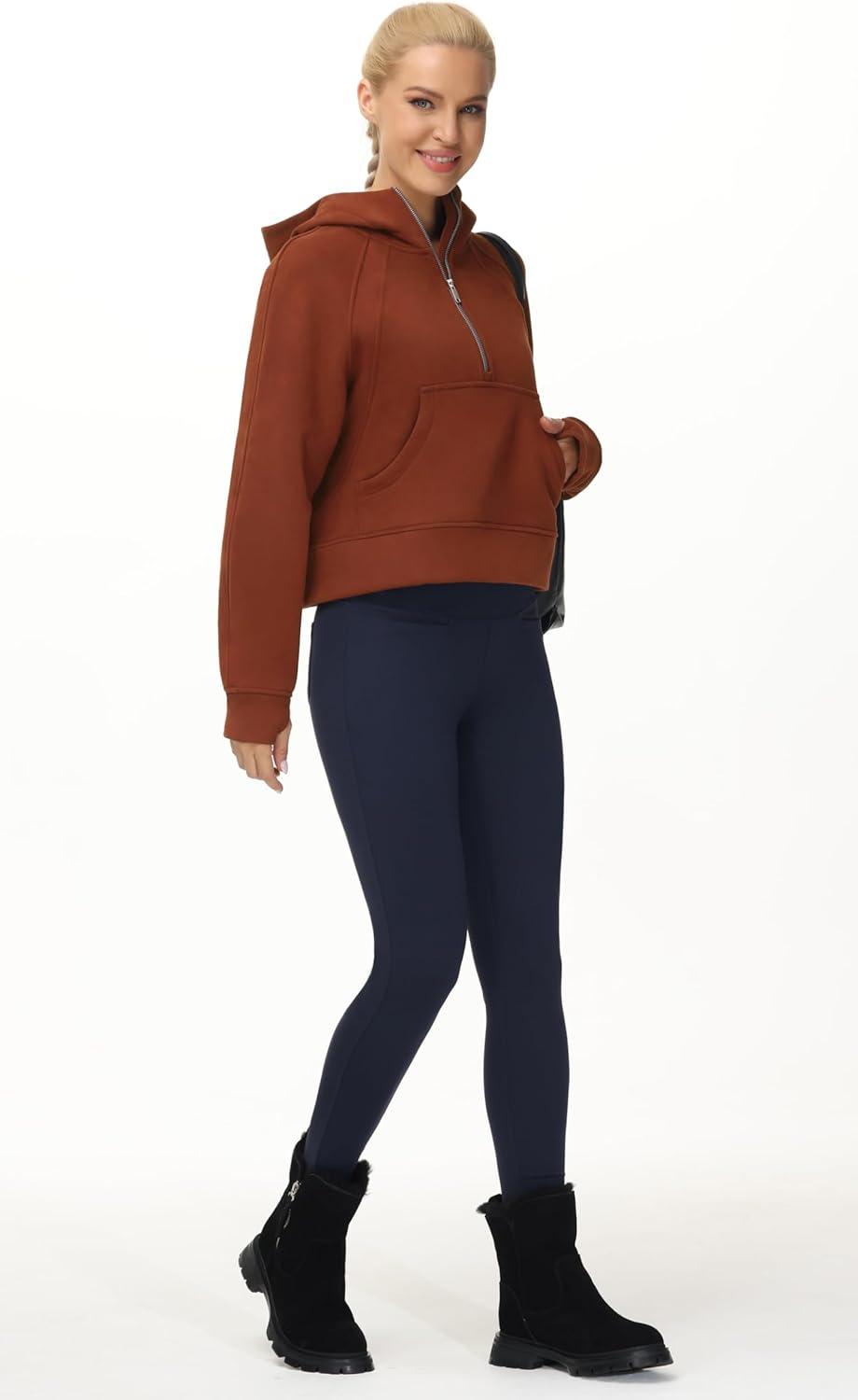 imageTHE GYM PEOPLE Womens Hoodies Half Zip Long Sleeve Fleece Crop Pullover Sweatshirts with Pockets Thumb HoleMaroon