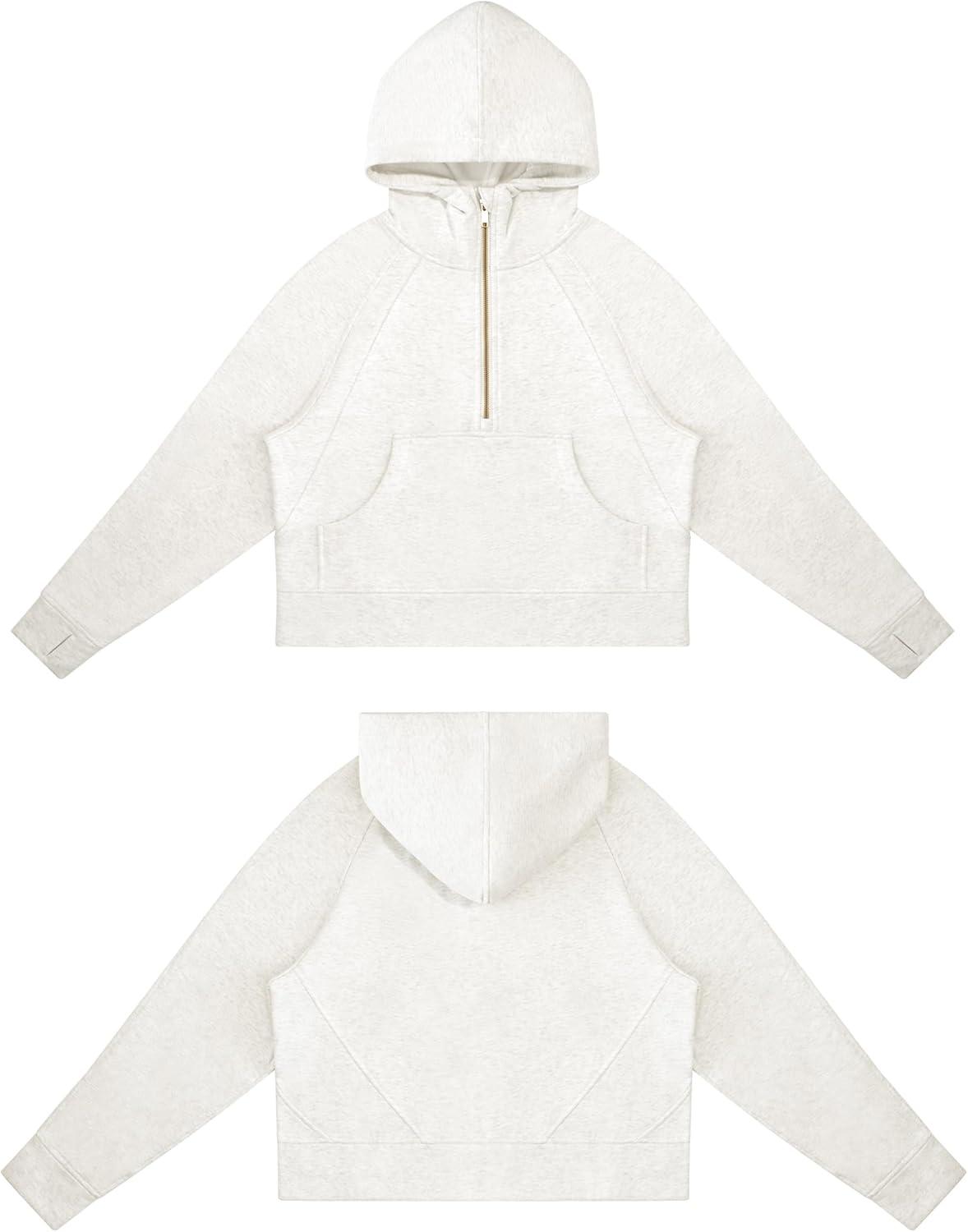 imageTHE GYM PEOPLE Womens Hoodies Half Zip Long Sleeve Fleece Crop Pullover Sweatshirts with Pockets Thumb HoleOffwhite
