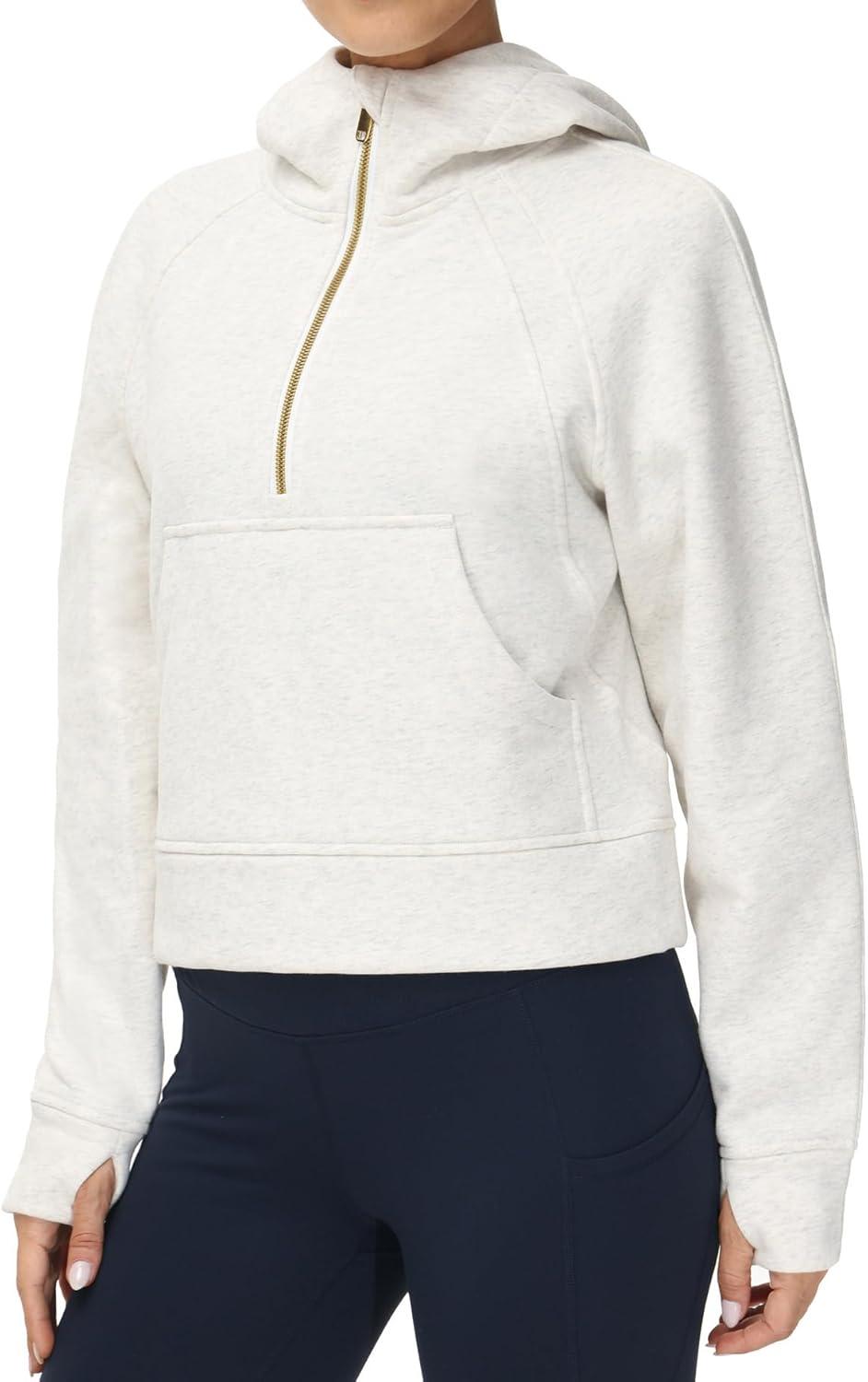 imageTHE GYM PEOPLE Womens Hoodies Half Zip Long Sleeve Fleece Crop Pullover Sweatshirts with Pockets Thumb HoleOffwhite