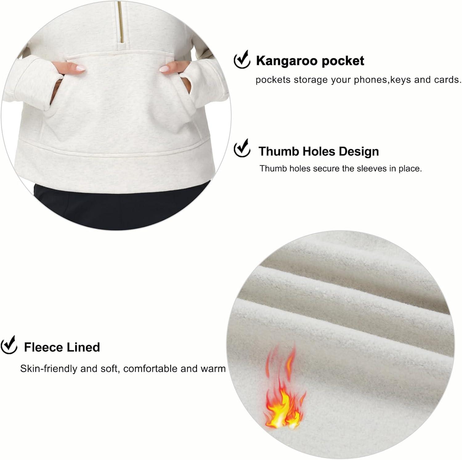 imageTHE GYM PEOPLE Womens Hoodies Half Zip Long Sleeve Fleece Crop Pullover Sweatshirts with Pockets Thumb HoleOffwhite