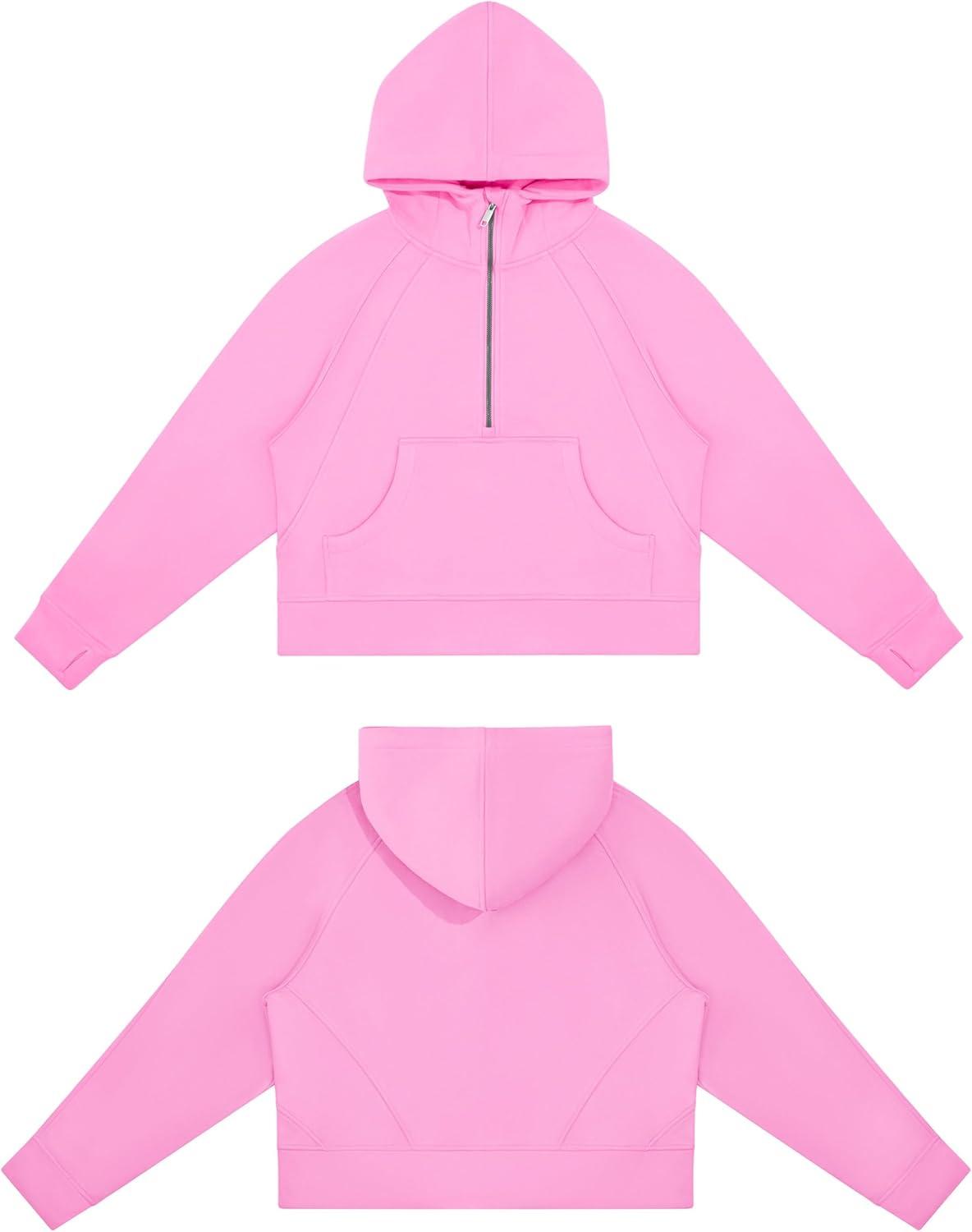 imageTHE GYM PEOPLE Womens Hoodies Half Zip Long Sleeve Fleece Crop Pullover Sweatshirts with Pockets Thumb HolePink