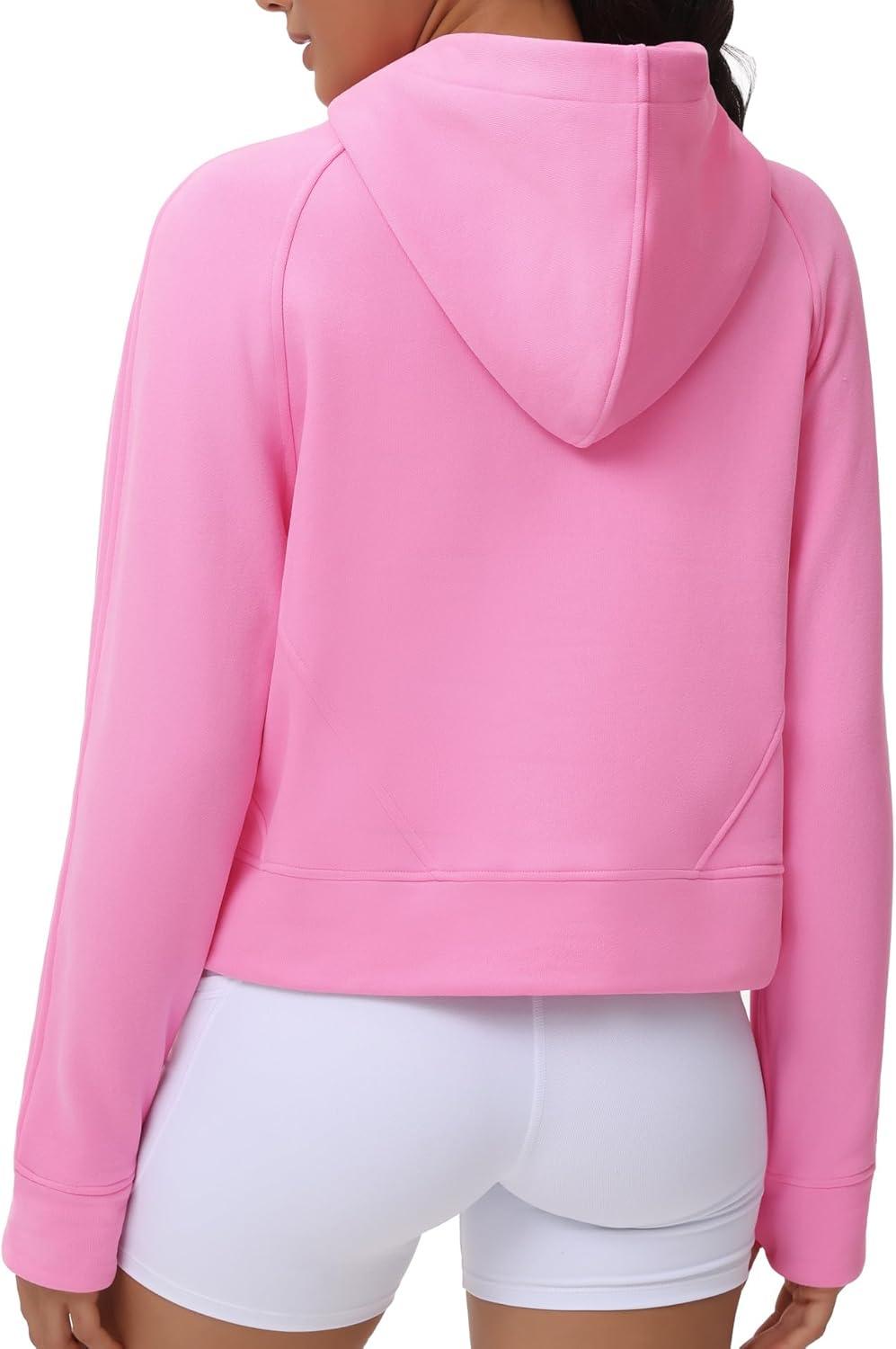imageTHE GYM PEOPLE Womens Hoodies Half Zip Long Sleeve Fleece Crop Pullover Sweatshirts with Pockets Thumb HolePink