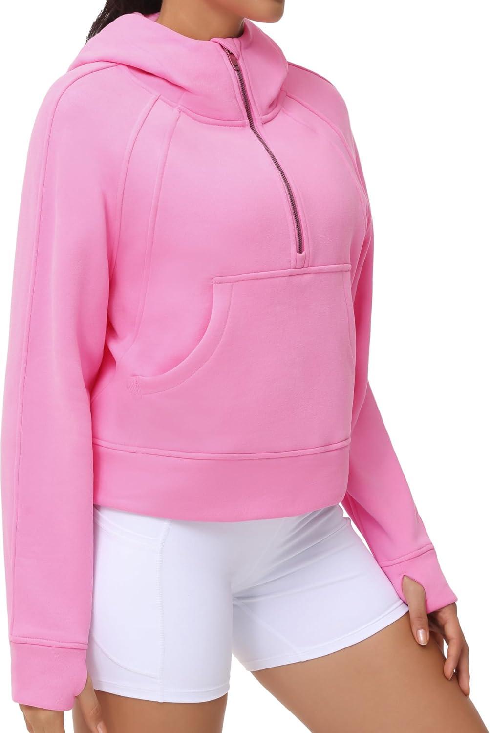 imageTHE GYM PEOPLE Womens Hoodies Half Zip Long Sleeve Fleece Crop Pullover Sweatshirts with Pockets Thumb HolePink