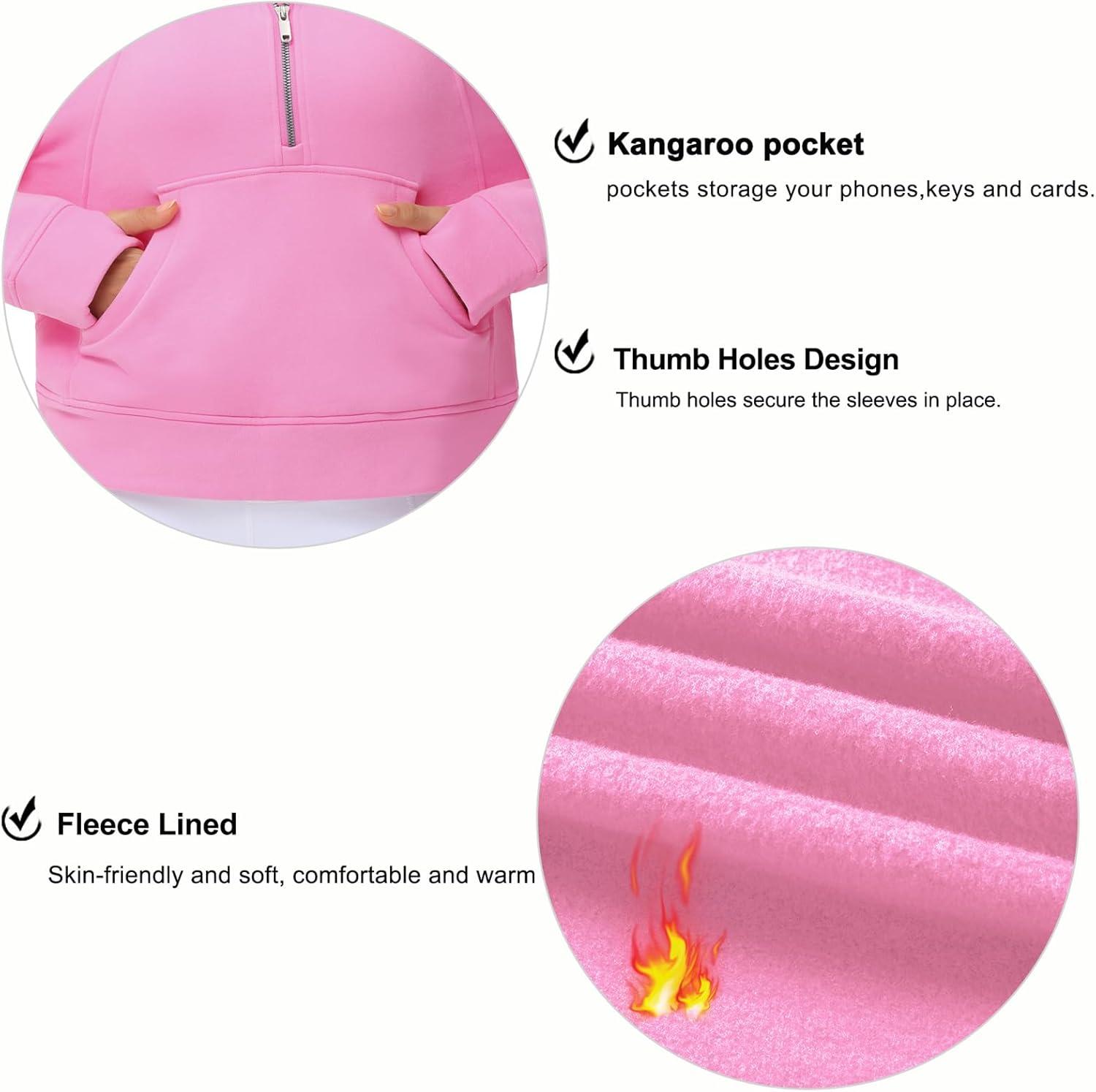 imageTHE GYM PEOPLE Womens Hoodies Half Zip Long Sleeve Fleece Crop Pullover Sweatshirts with Pockets Thumb HolePink