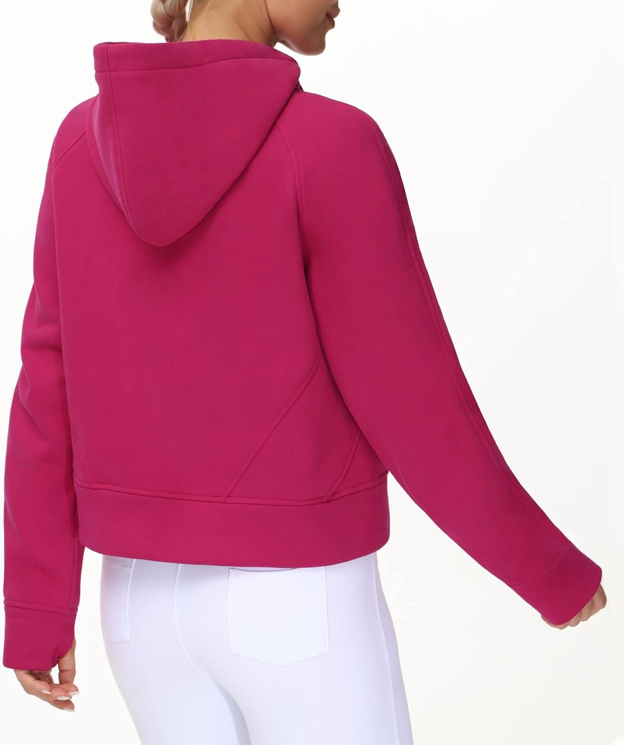 imageTHE GYM PEOPLE Womens Hoodies Half Zip Long Sleeve Fleece Crop Pullover Sweatshirts with Pockets Thumb HolePitaya Red