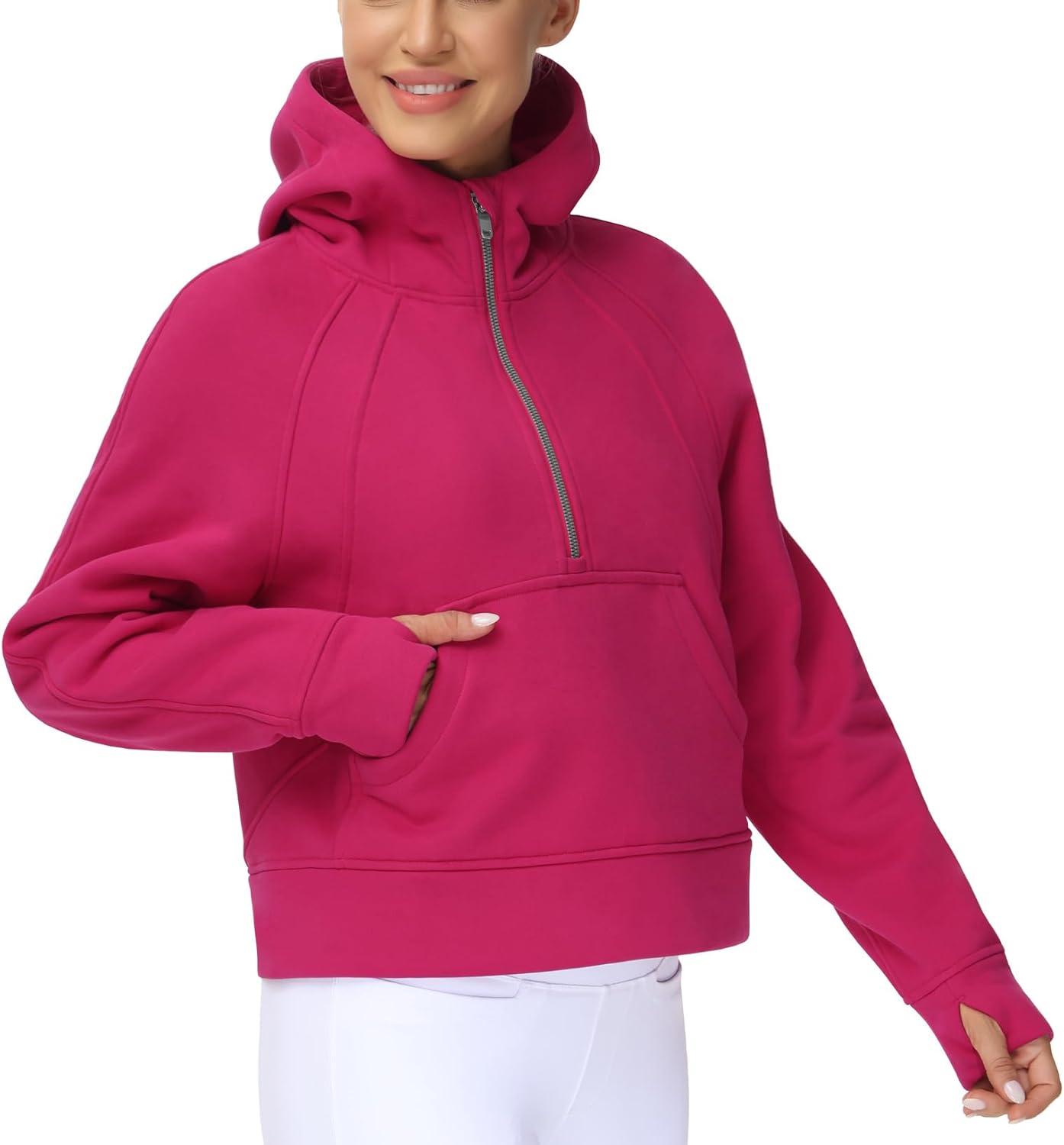 imageTHE GYM PEOPLE Womens Hoodies Half Zip Long Sleeve Fleece Crop Pullover Sweatshirts with Pockets Thumb HolePitaya Red