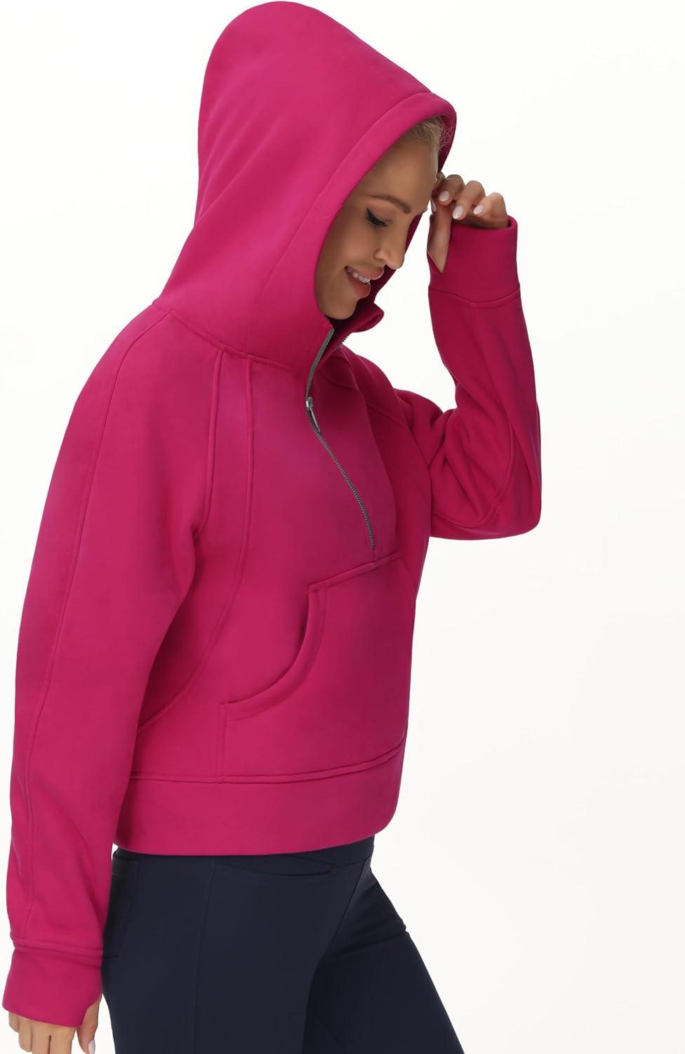 imageTHE GYM PEOPLE Womens Hoodies Half Zip Long Sleeve Fleece Crop Pullover Sweatshirts with Pockets Thumb HolePitaya Red