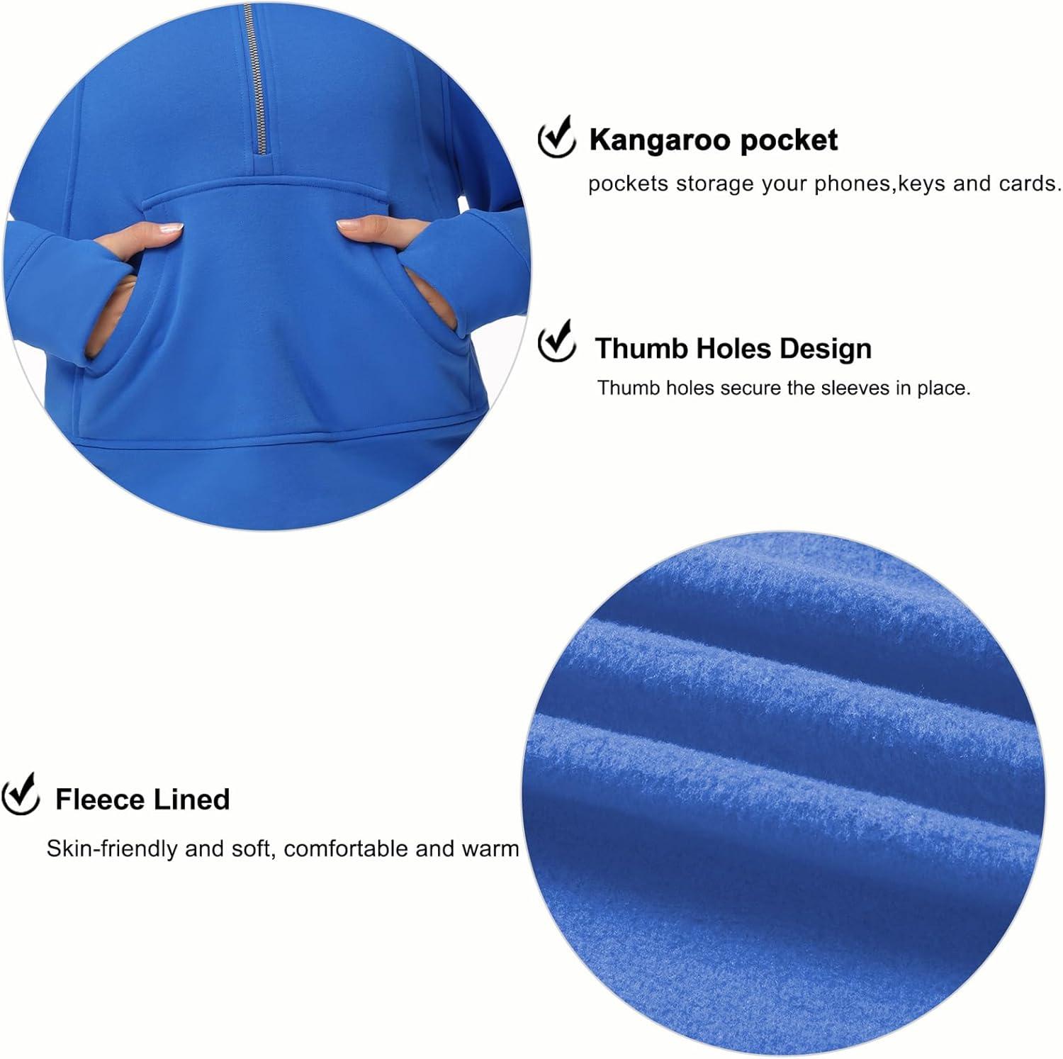 imageTHE GYM PEOPLE Womens Hoodies Half Zip Long Sleeve Fleece Crop Pullover Sweatshirts with Pockets Thumb HoleSea Blue