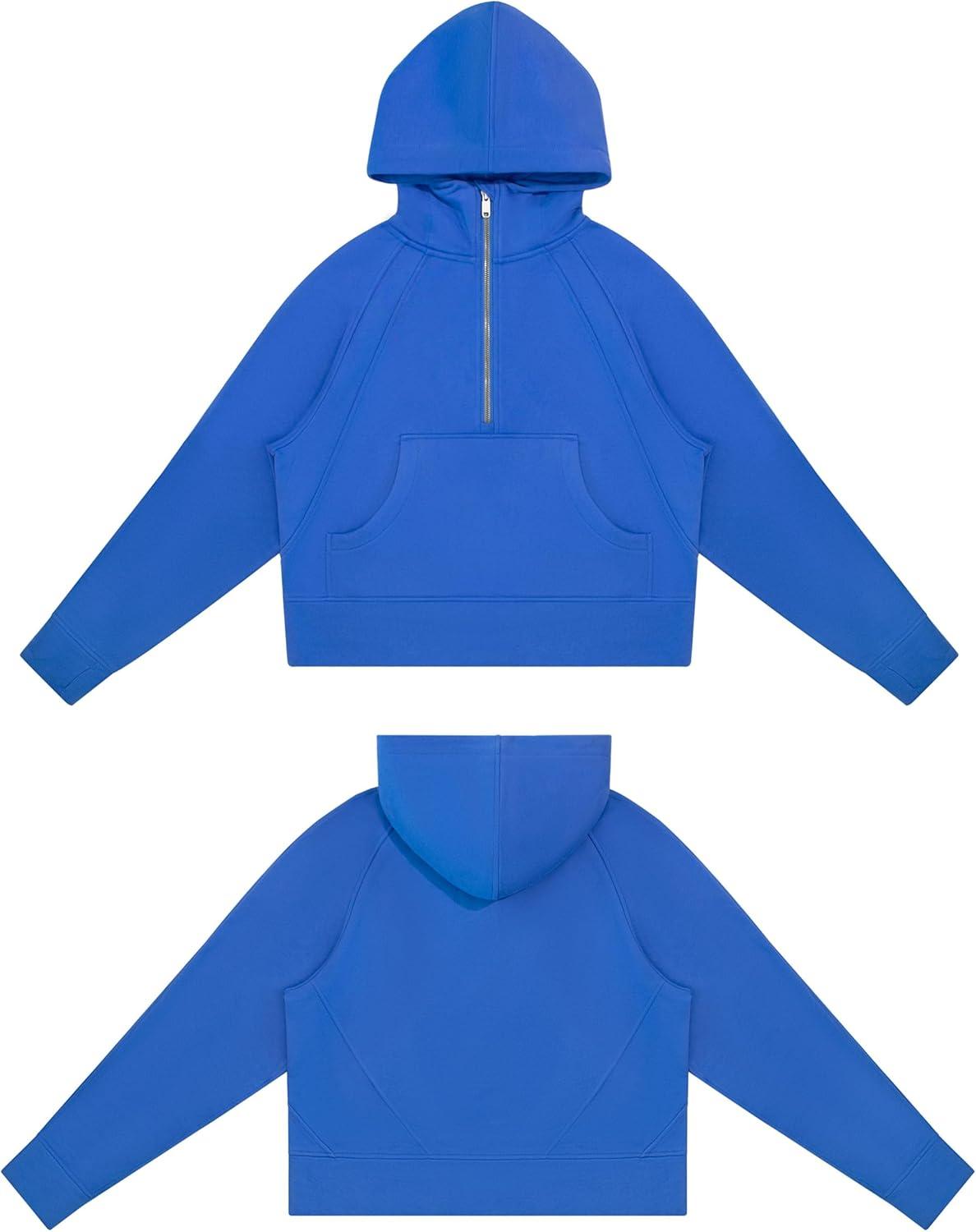 imageTHE GYM PEOPLE Womens Hoodies Half Zip Long Sleeve Fleece Crop Pullover Sweatshirts with Pockets Thumb HoleSea Blue