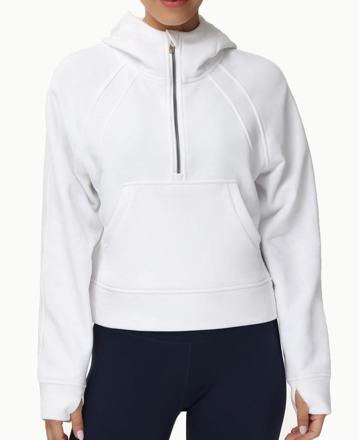 imageTHE GYM PEOPLE Womens Hoodies Half Zip Long Sleeve Fleece Crop Pullover Sweatshirts with Pockets Thumb HoleWhite