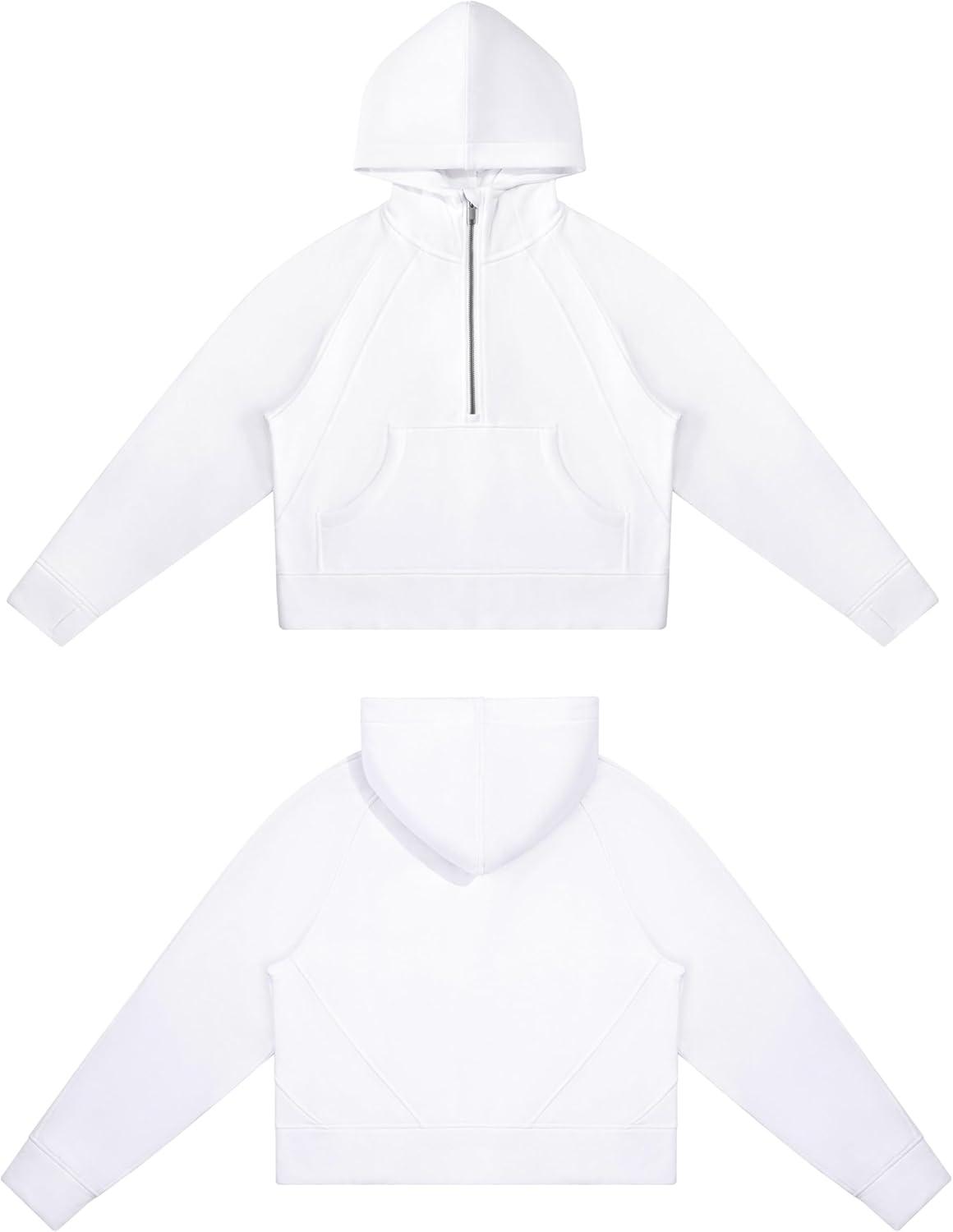 imageTHE GYM PEOPLE Womens Hoodies Half Zip Long Sleeve Fleece Crop Pullover Sweatshirts with Pockets Thumb HoleWhite