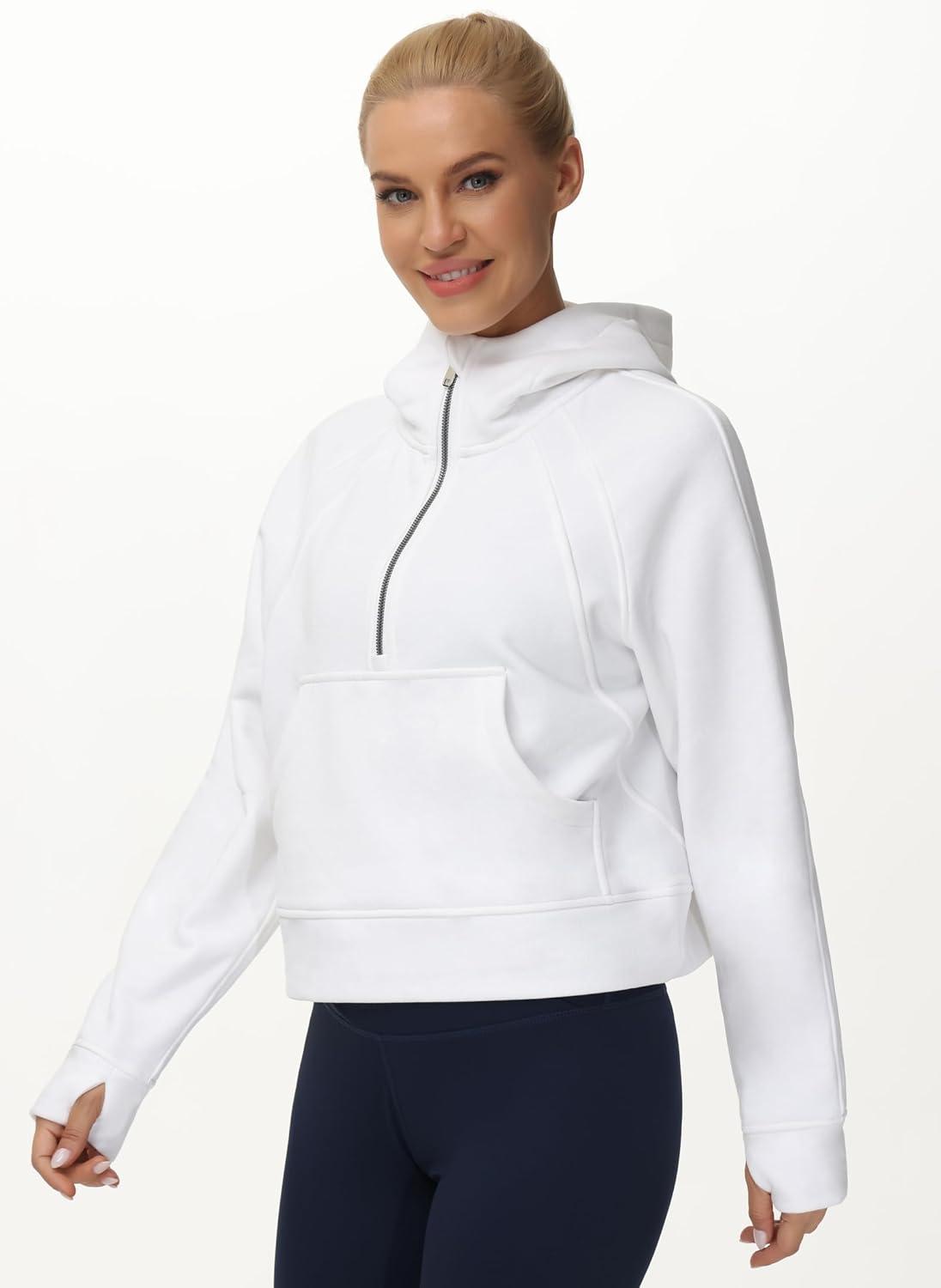 imageTHE GYM PEOPLE Womens Hoodies Half Zip Long Sleeve Fleece Crop Pullover Sweatshirts with Pockets Thumb HoleWhite