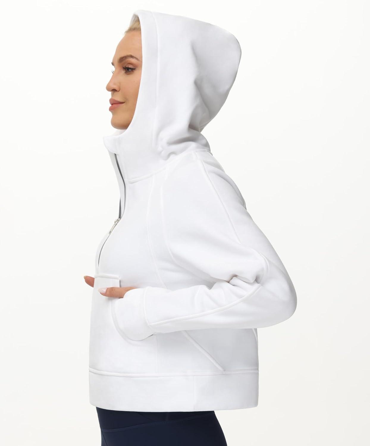 imageTHE GYM PEOPLE Womens Hoodies Half Zip Long Sleeve Fleece Crop Pullover Sweatshirts with Pockets Thumb HoleWhite