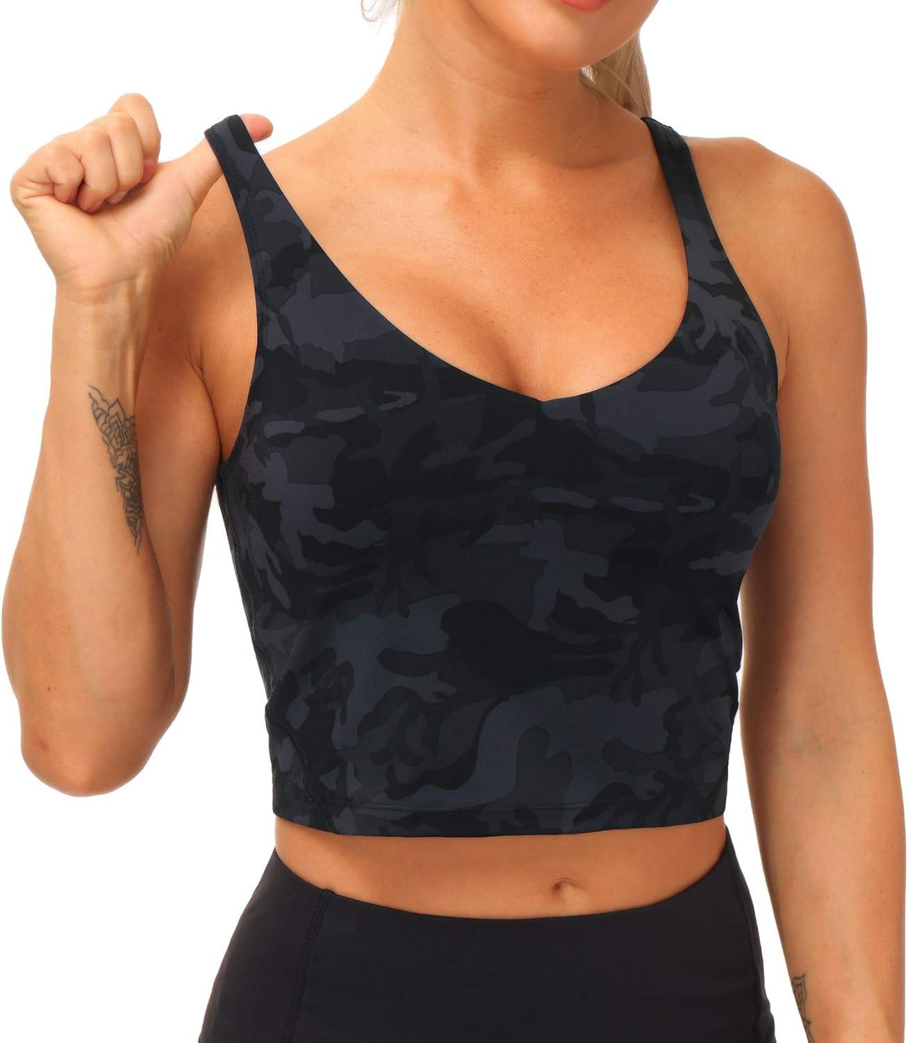imageTHE GYM PEOPLE Womens Sports Bra Longline Wirefree Padded with Medium SupportBlackgrey Camo