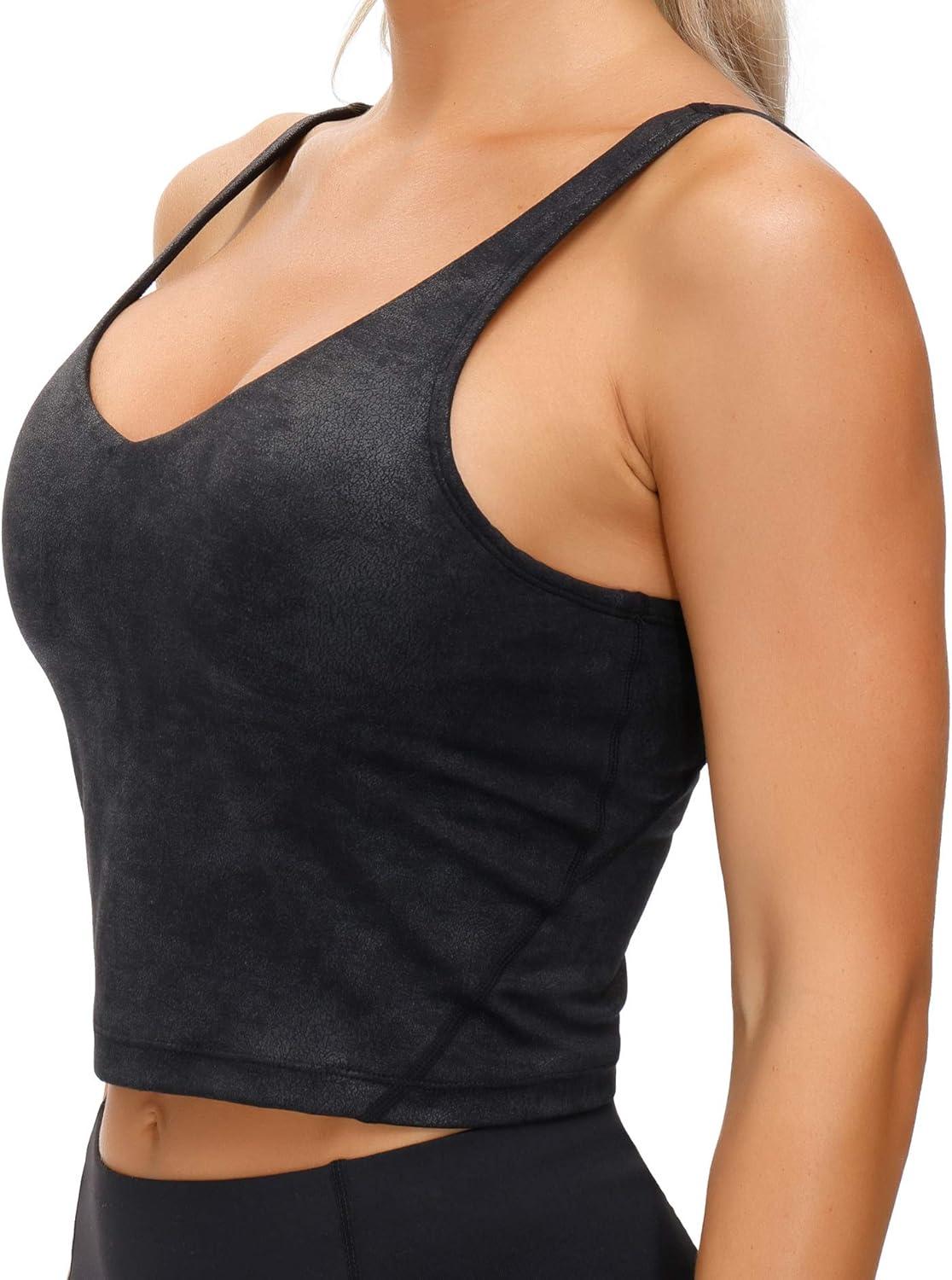imageTHE GYM PEOPLE Womens Sports Bra Longline Wirefree Padded with Medium SupportFaux Leather Coated