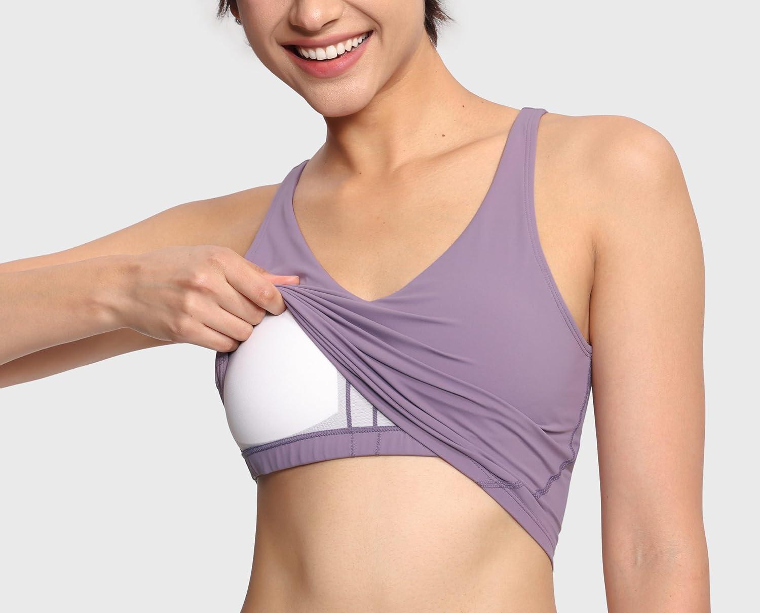 imageTHE GYM PEOPLE Womens Sports Bra Longline Wirefree Padded with Medium SupportGrey Purple