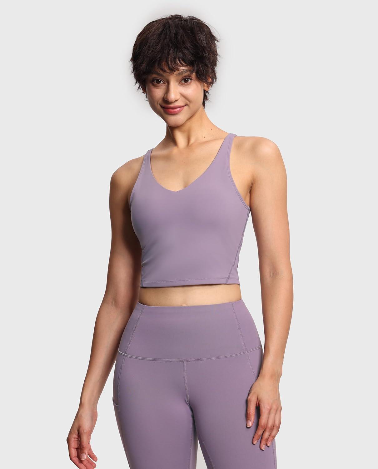 imageTHE GYM PEOPLE Womens Sports Bra Longline Wirefree Padded with Medium SupportGrey Purple