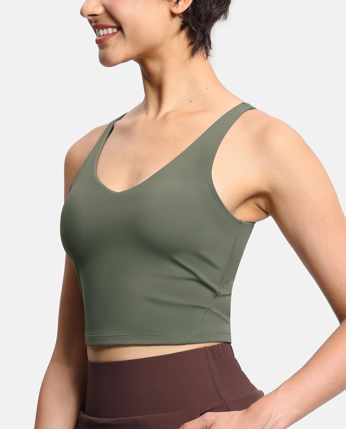 imageTHE GYM PEOPLE Womens Sports Bra Longline Wirefree Padded with Medium SupportOlive Green