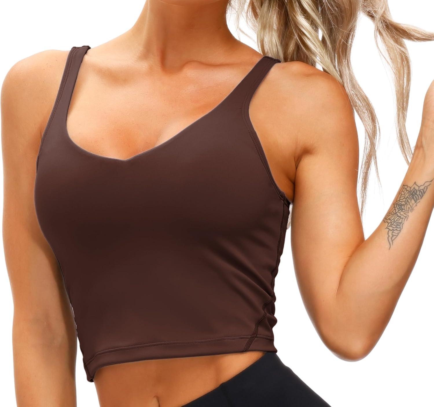 imageTHE GYM PEOPLE Womens Sports Bra Longline Wirefree Padded with Medium SupportRed Brown