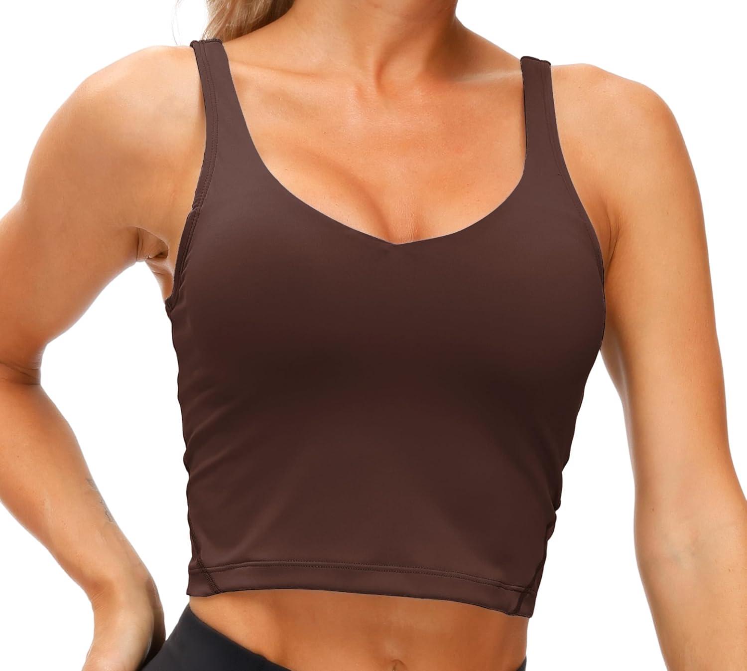 imageTHE GYM PEOPLE Womens Sports Bra Longline Wirefree Padded with Medium SupportRed Brown
