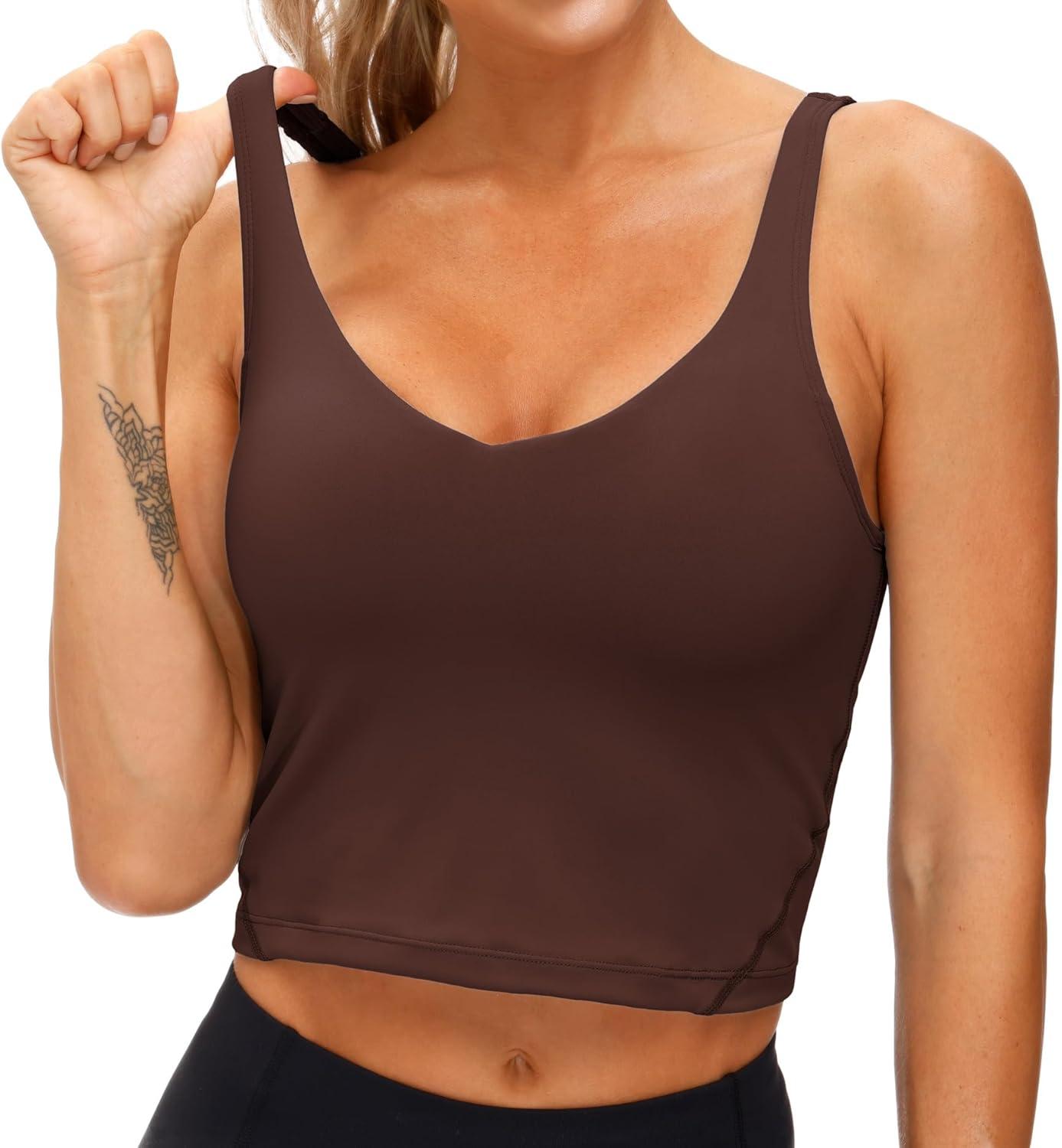 imageTHE GYM PEOPLE Womens Sports Bra Longline Wirefree Padded with Medium SupportRed Brown