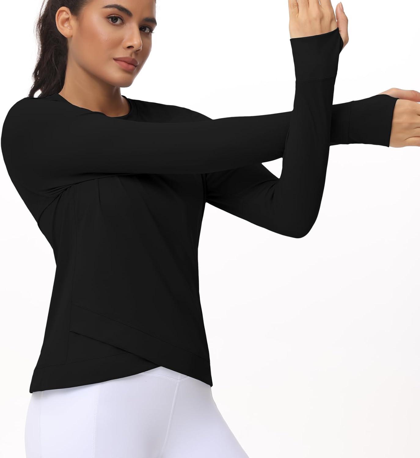 imageWomens Long Sleeve Compression Shirts Workout Tops Cross Hem Athletic Running Yoga TShirts with Thumb HoleBlack