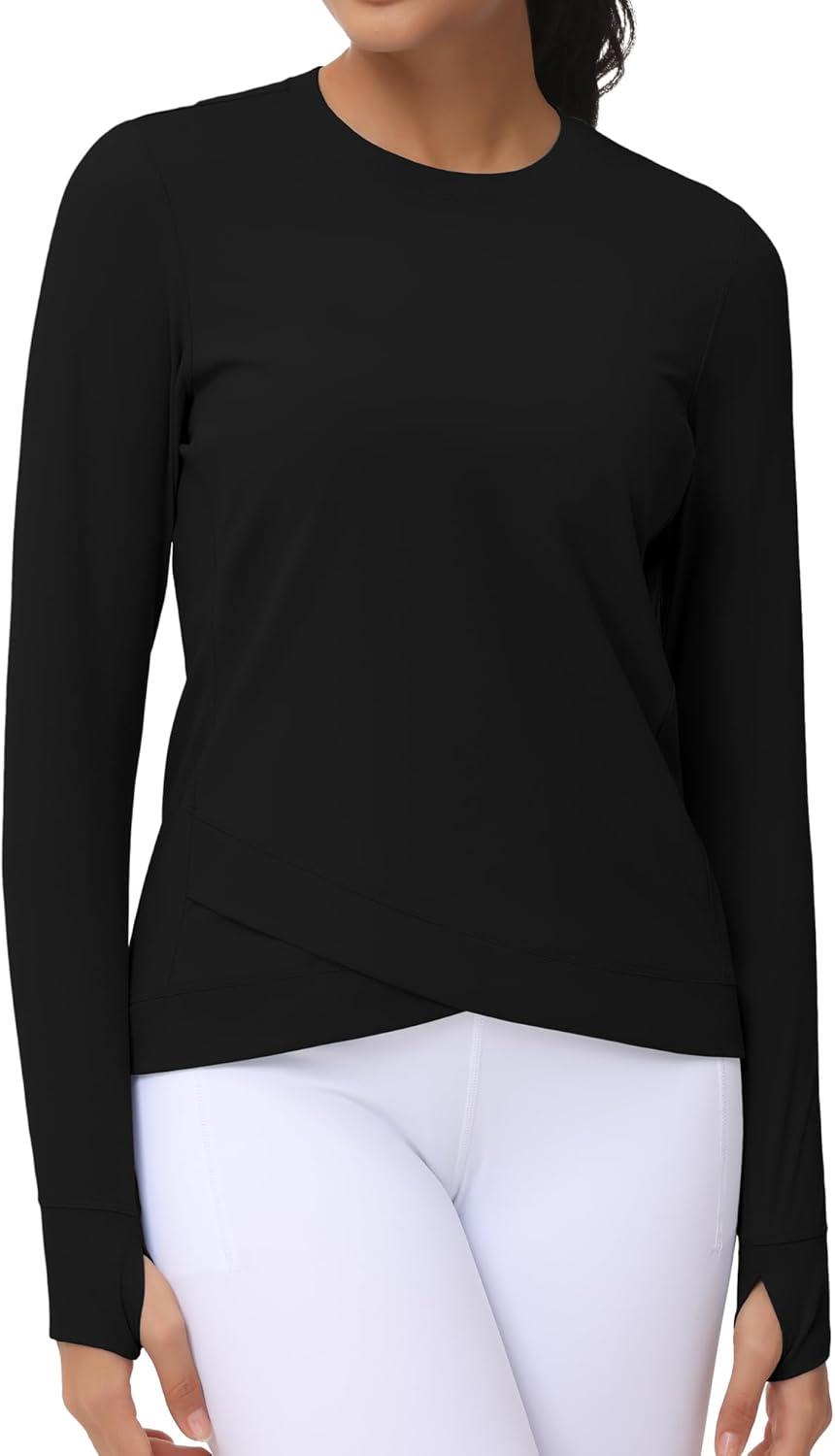 imageWomens Long Sleeve Compression Shirts Workout Tops Cross Hem Athletic Running Yoga TShirts with Thumb HoleBlack