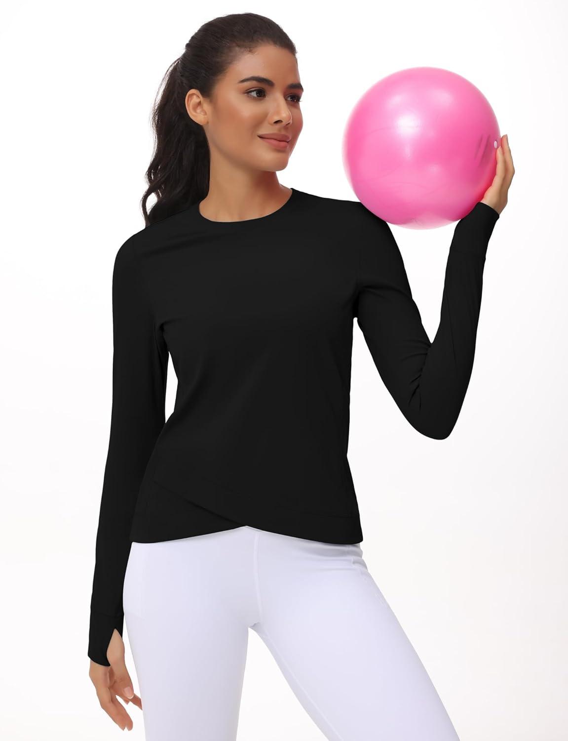 imageWomens Long Sleeve Compression Shirts Workout Tops Cross Hem Athletic Running Yoga TShirts with Thumb HoleBlack