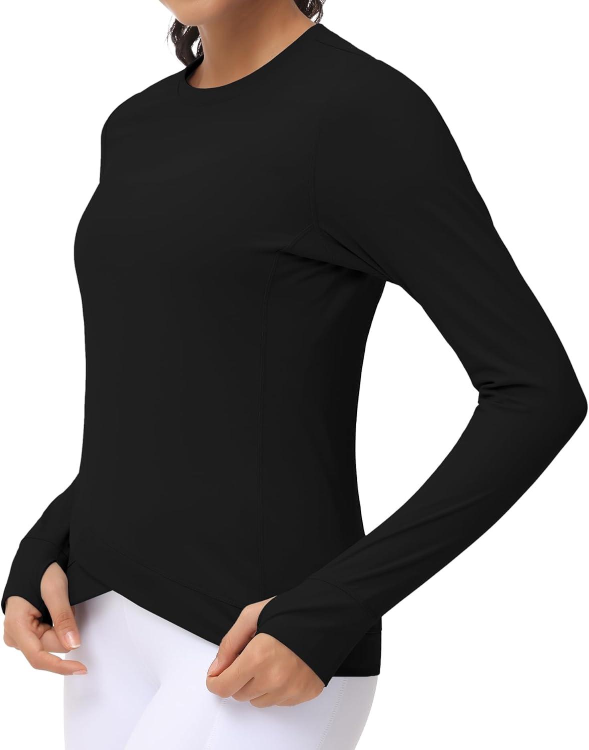 imageWomens Long Sleeve Compression Shirts Workout Tops Cross Hem Athletic Running Yoga TShirts with Thumb HoleBlack