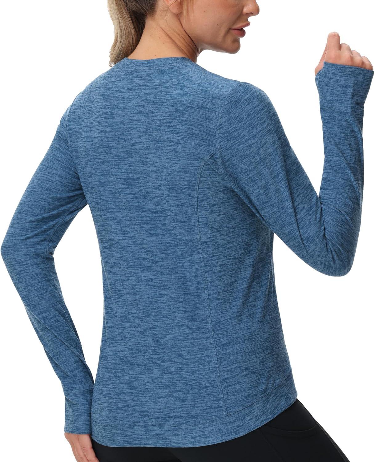 imageWomens Long Sleeve Compression Shirts Workout Tops Cross Hem Athletic Running Yoga TShirts with Thumb HoleBlue Heather