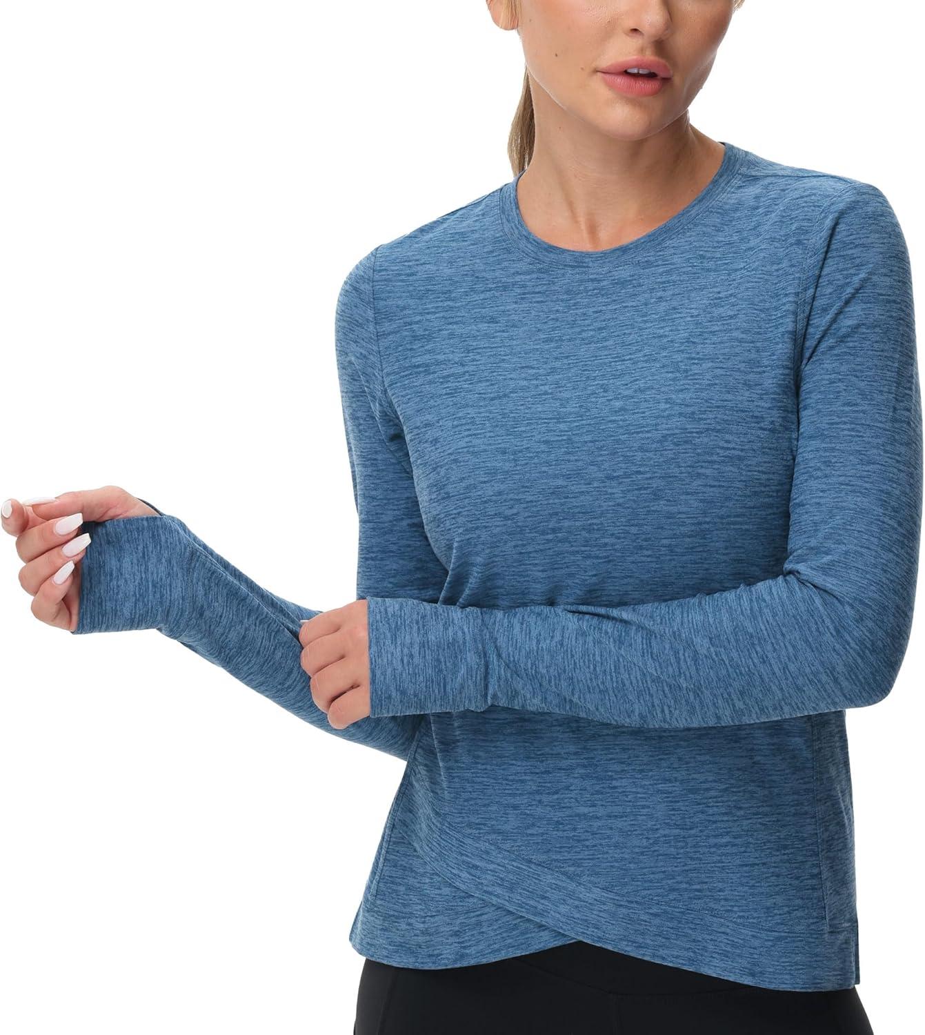 imageWomens Long Sleeve Compression Shirts Workout Tops Cross Hem Athletic Running Yoga TShirts with Thumb HoleBlue Heather