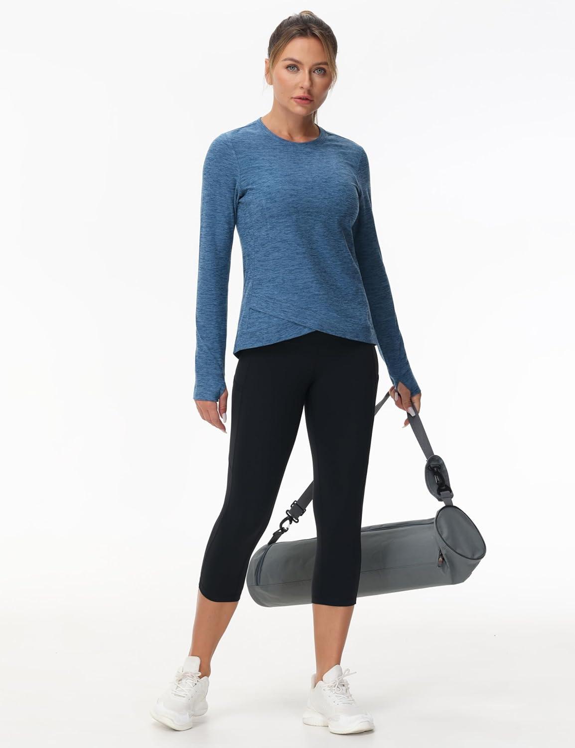imageWomens Long Sleeve Compression Shirts Workout Tops Cross Hem Athletic Running Yoga TShirts with Thumb HoleBlue Heather