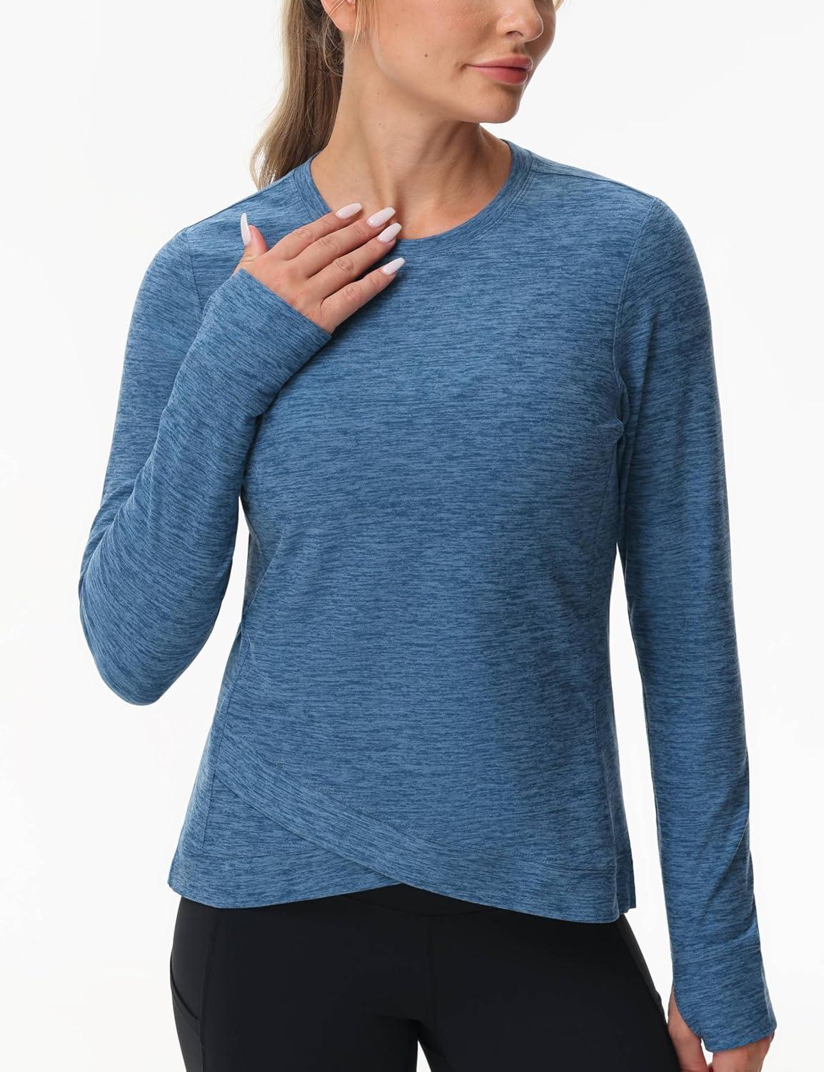 imageWomens Long Sleeve Compression Shirts Workout Tops Cross Hem Athletic Running Yoga TShirts with Thumb HoleBlue Heather